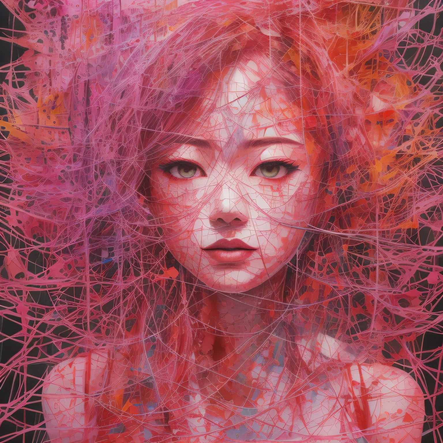 Chiharu Shiota、lightning speed、Neon Art、cyber girl,Elaborate metallic bones、Tatsuo Miyajima、Painting, watercolor paiting,5 colors、（reddish、Viola、pink there、amarelo、verdant）、spirals,foam, Best Quality, masutepiece, 超A high resolution, Intricate details, mystical