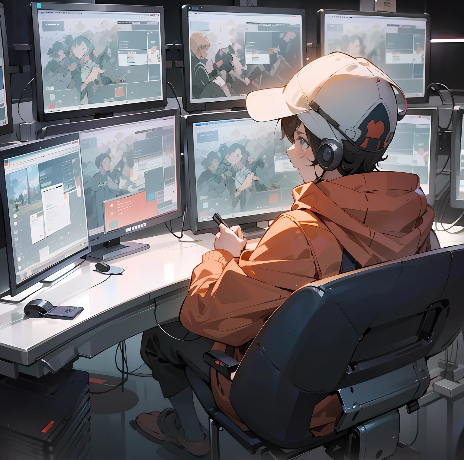 There was a man sitting at his desk,There are multiple monitors, Sit in the control center, Digital anime illustration, atey ghailan 8 k, Digital art on Pixiv, professional concept art, Guweiz in Pixiv ArtStation, Detailed digital anime art, Digital cyberpunk anime art, Digital anime art, advanced digital anime art, Guviz-style artwork,The hat has the letter T on it