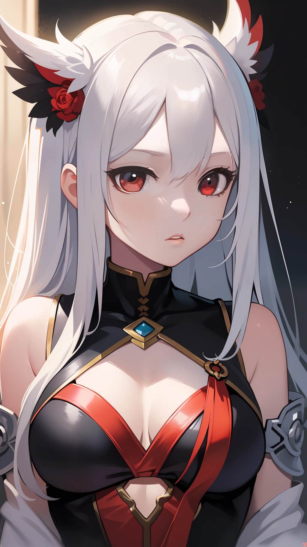 white long straight hair，red color eyes，Two-dimensional painting style，Cute girl，The upper part of the body，nakeness，white skinned，Need，tmasterpiece