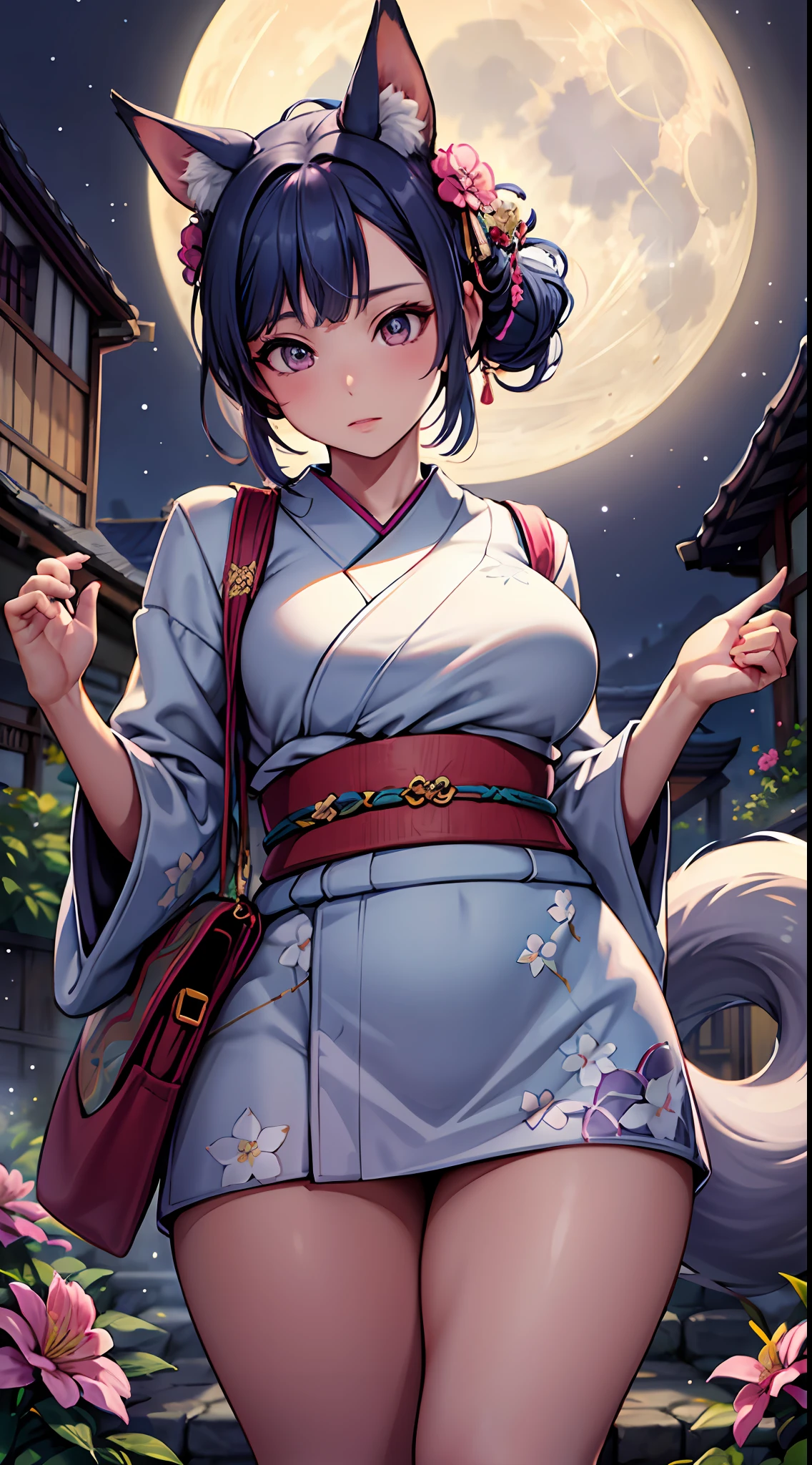 masterpiece),(intricate details),1girl,mature female,{large breasts:1.49},A fancy-looking 1girl with long fox ears and a fluffy tail, dressed in a kimono and a lot of jewelry, also has in her possession a traditional bag kinchaku, electric blue hair, purple ears 💍👛👘. ultra detailed, masterpiece, 8k, best shading, best shadows, wow, amazing, creative, floral, moon theme, starlit, starry symbol, purple tail with black or white tips, clothing is colored in pink and floral details pattern,thick thighs:1.3, plump:1.1,depth of field,looking at viewer