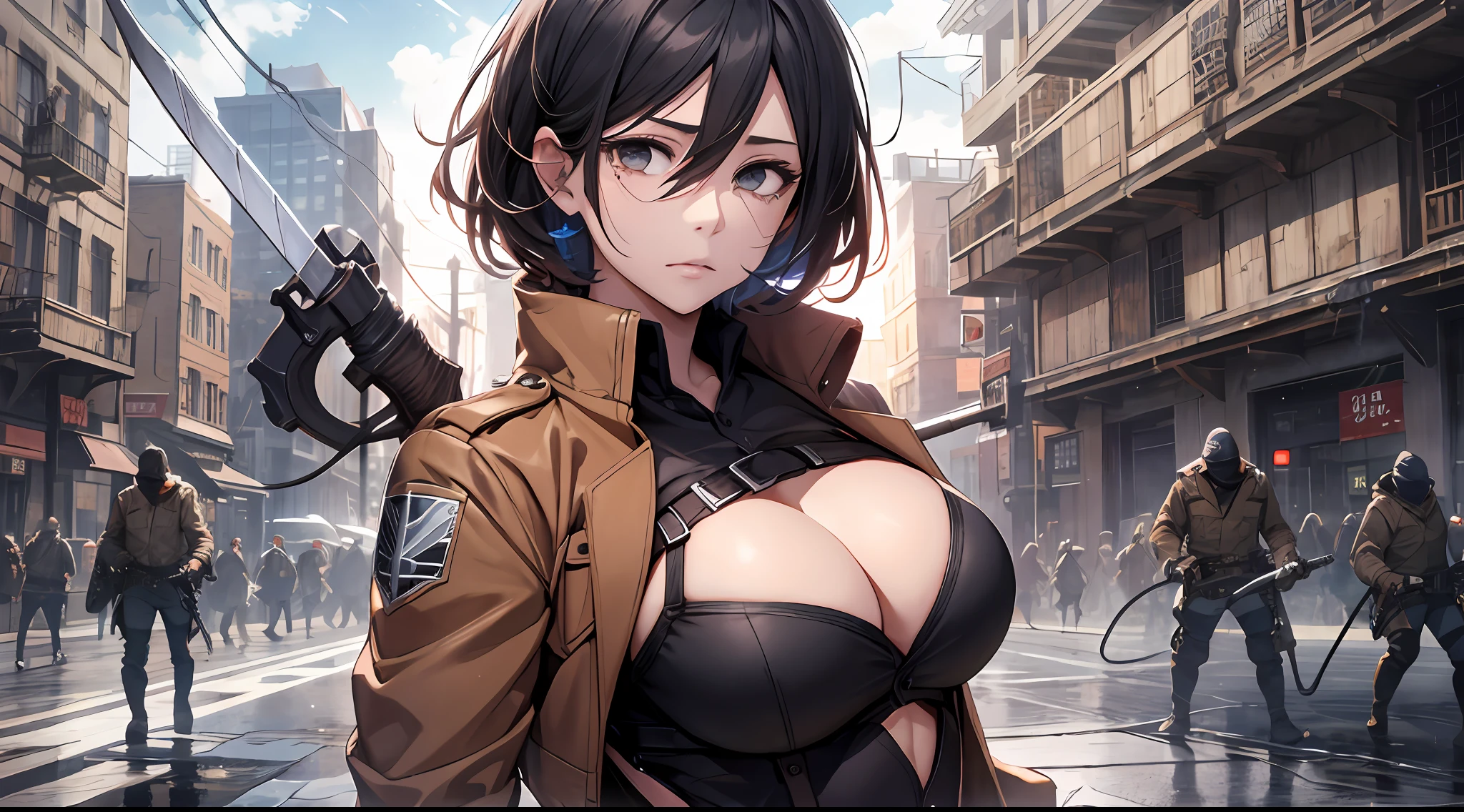 tmasterpiece, Best quality at best, A high resolution, hmmikasa, short detailed hair, 黑The eye,weeping ,Raised sexy,big breasts exposed cleavage,Surrounded by male warriors, Brown jacket, longer sleeves, Hold the weapon, The sword, dual wielding, Three-dimensional motorized equipment, Combat posture, Skysky, HighestQuali, A high resolution.