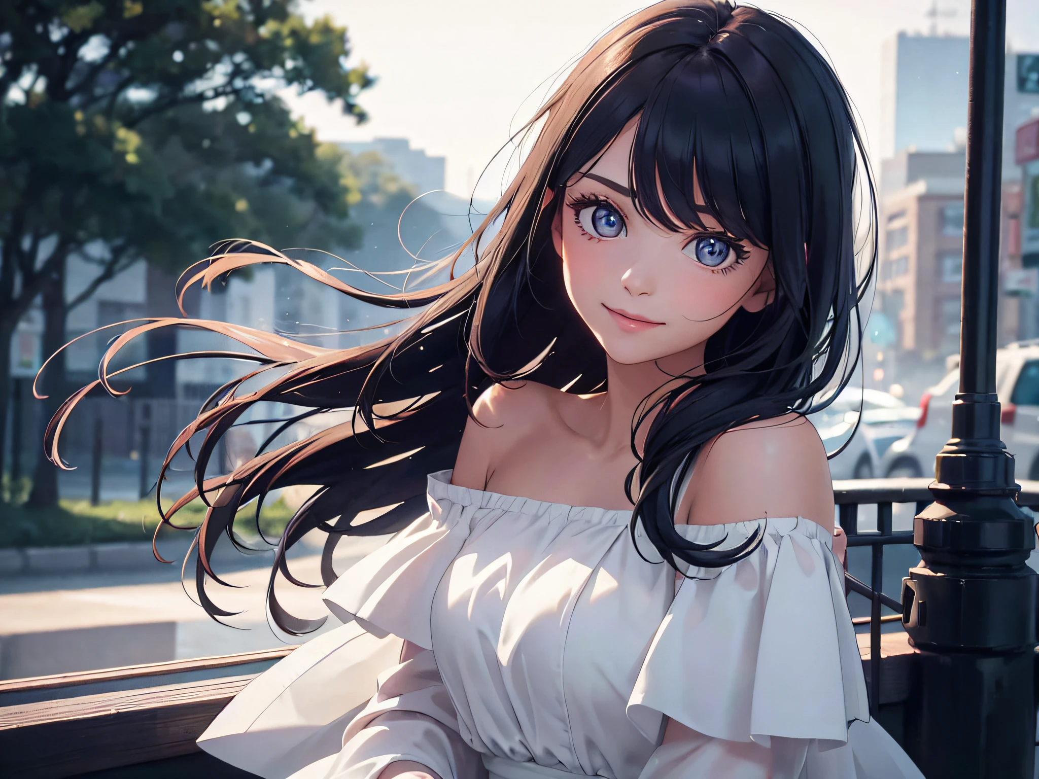 (Best Quality:1.2, 8K, Sharp Focus, master piece: 1.2, Cinematic Light, extremely details CG, beautiful Girl, reality, Detailed face textures, Realistic skin, beautiful makeup, Detailed bangs)), (depth of fields), Bokeh background, Head tilt, Smile, closes mouth, shiny black long hair, Cowboy Shot, white bare top mini dress, jacket off shoulder, wind