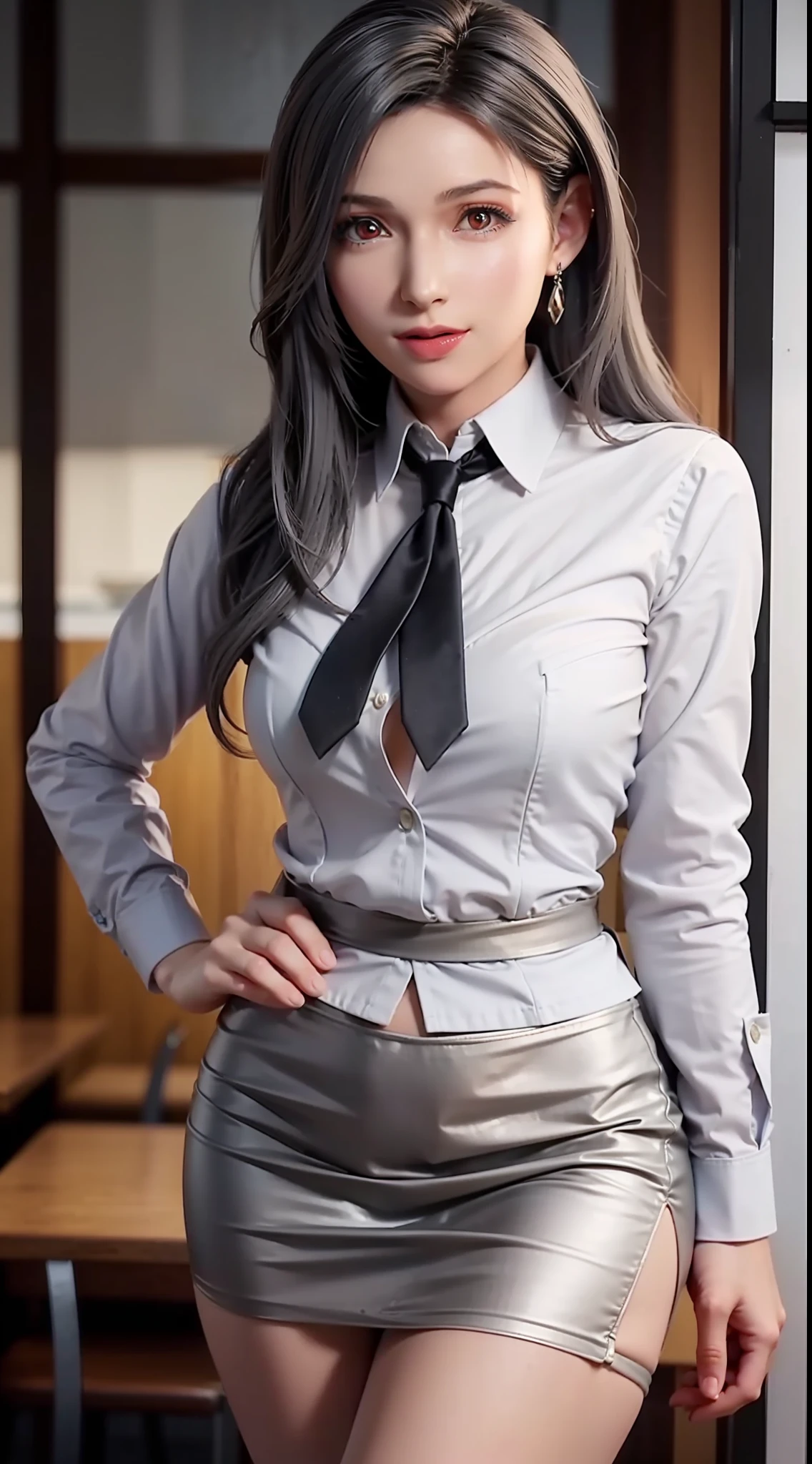 sakuyarindou768 (Wearing business outfit,formal jacket,neck tie, tie,white shirt, skirt, heels,High waist Skirt)( big perfect round ,hourglass body, thin waist,btpt-fc,Photo realistic, (hyperrealistic:1)beautiful, masterpiece, best quality, extremely detailed face, perfect lighting,detailed eye makeup, detail face, nice detailed eyes,nice hands, perfect hands (realistic pupils,realistic iris:1) heavy eye makeup,gray hair,long hair,bue eyes,  (working at a restaurant, background restaurant)