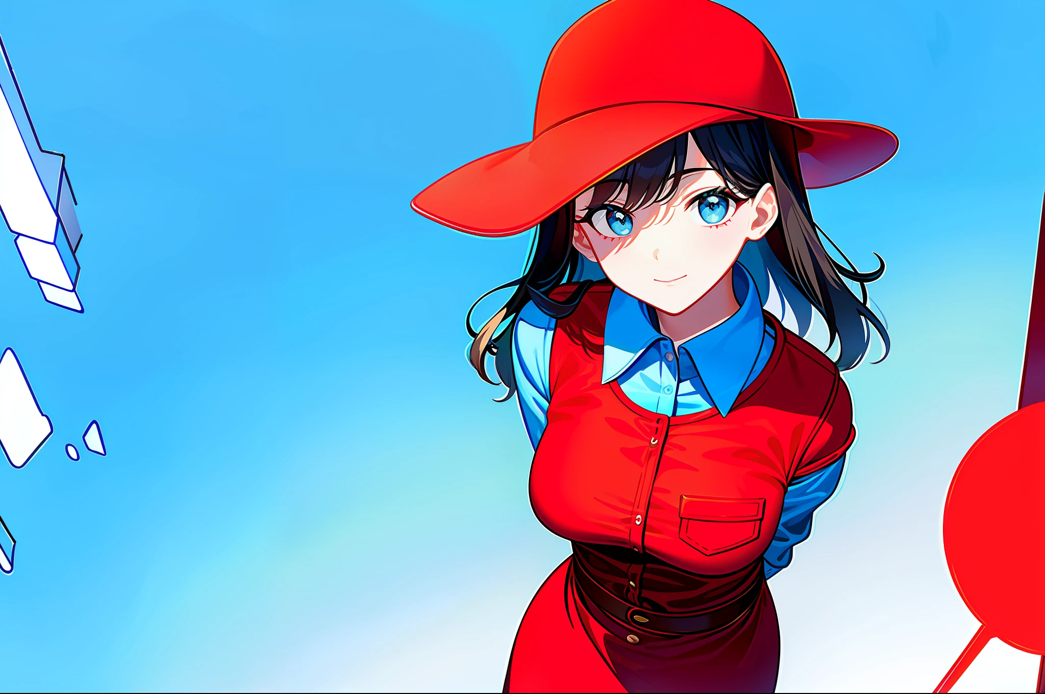 masterpiece,(best quality),(1woman) ,solo,(high contrast:1.2),(high saturation:1.2), ((hands on the pocket)),((red dress shirt, blue jeans, red baseball cap)),looking at viewer,((red and light blue theme:1.3)),((white and light blue background:1.5)),brown hair,blue eyes,((standing:1.3)),upper body,((the light blue water on sky and white cloud and day)),cool,confident,((from above:1.2)),Ink painting