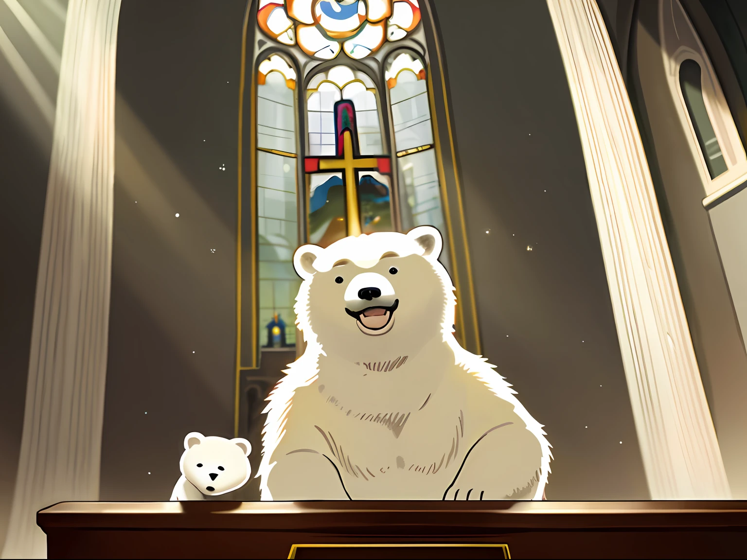 Masterpiece, Best quality, Cute polar bear, Playing the piano, god light, rays of sunshine, inside a church, Big smile, solofocus,Halo, Aura,