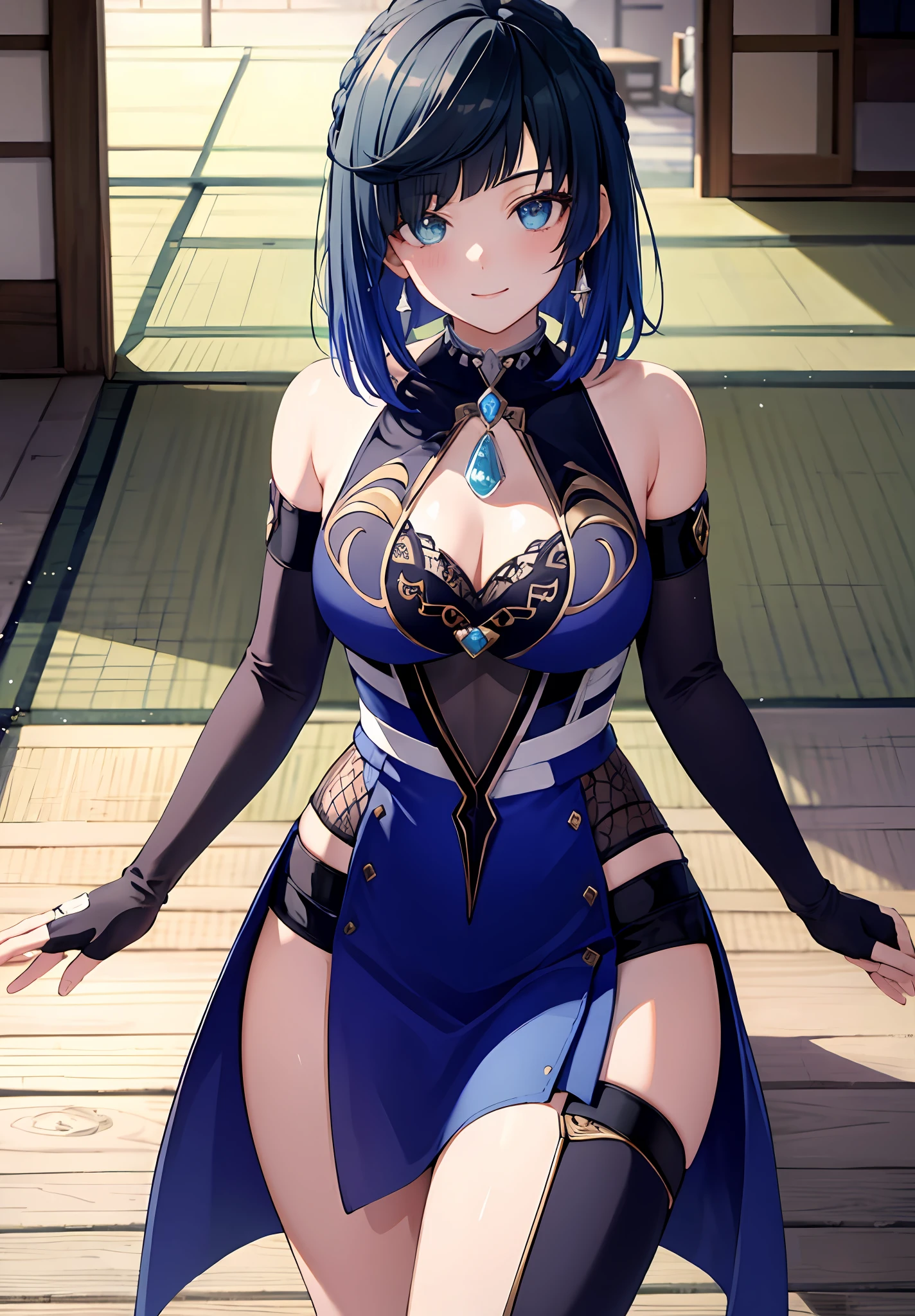 (((masterpiece))), 4k res, highly detailed, (((extremely detailed eyes))), detailed background, cinematic lighting, crystal clear eyes, high quality, highres, ultra-detailed, 8k, best quality, 1girl, solo, shadow, backlighting, light particles, Thick Eyelashes, Wide Sleeve, thick thighs, (masterpiece:1.3), (the best quality:1.2), (super fine illustrations:1.2), (Masterpiece), high quality, high detail,(SOLO:1.4),((round image)), 1girl, kamisato ayaka, smile, blush, closed mouth, thick, medium breasts, traditional japanese house, from above, fingerless gloves, thick thighs, cowboy shot, crossed arms,