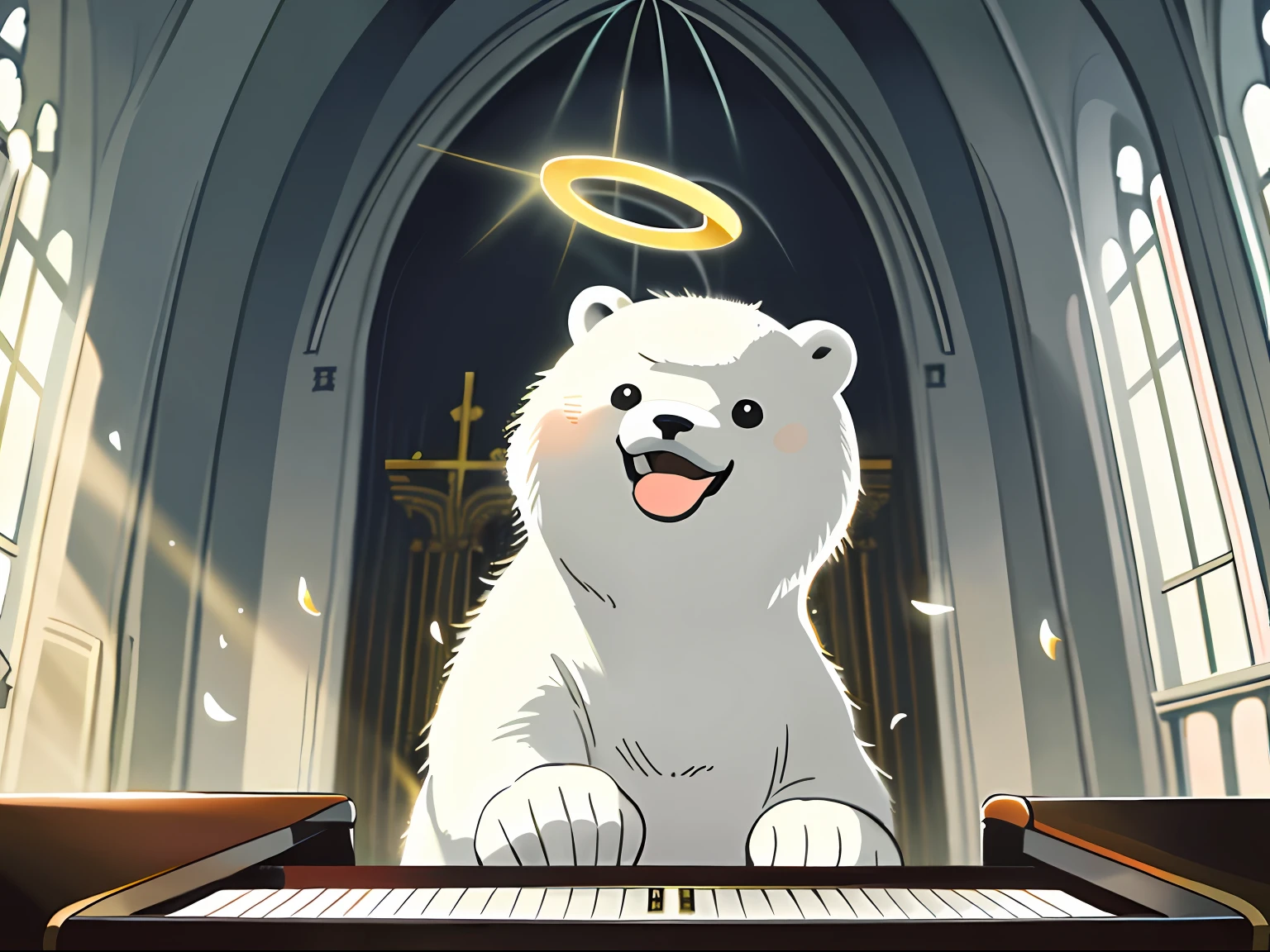 Masterpiece, Best quality, Cute polar bear, Playing the piano, god light, rays of sunshine, inside a church, Big smile, solofocus,Halo, Aura,