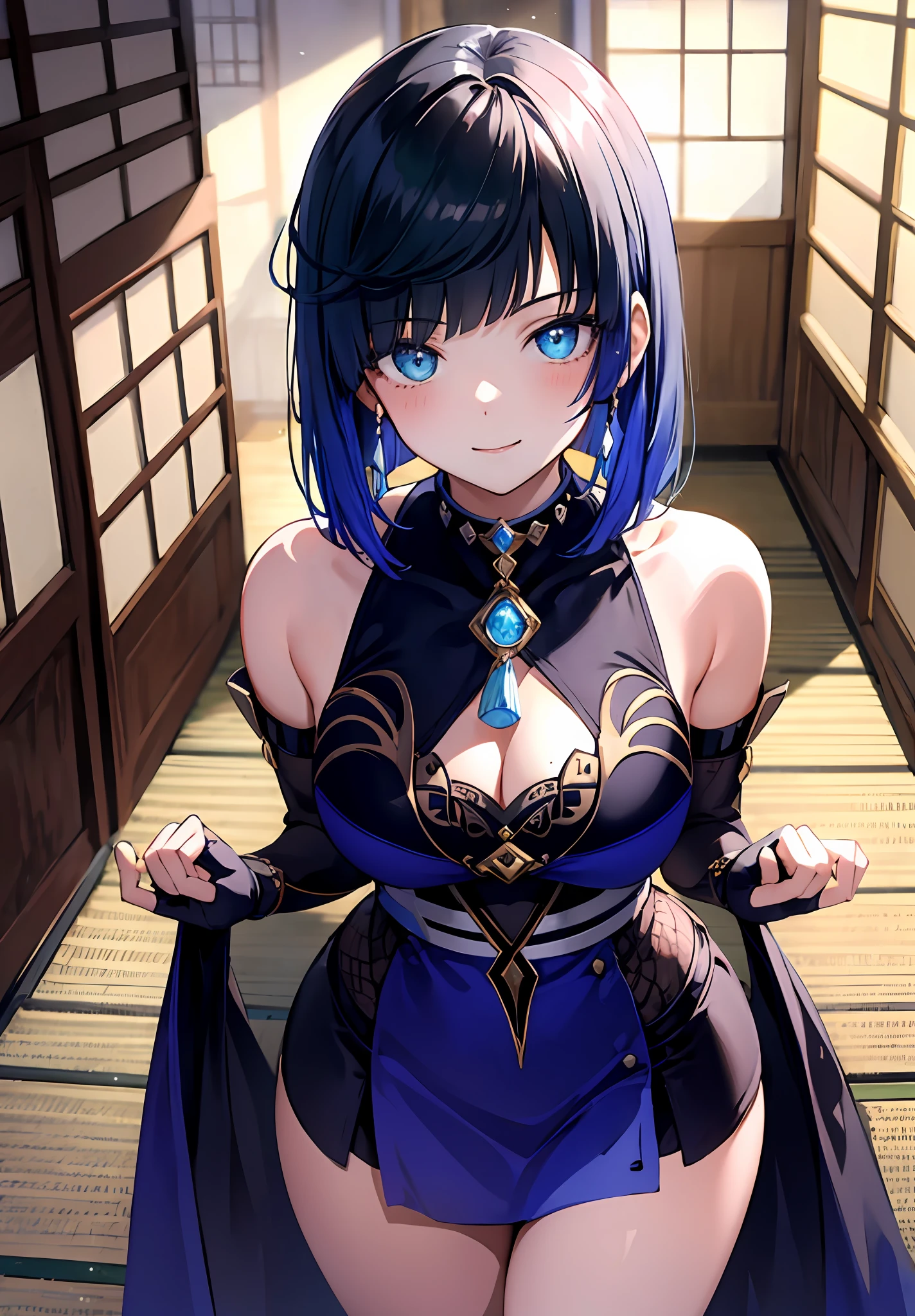 (((masterpiece))), 4k res, highly detailed, (((extremely detailed eyes))), detailed background, cinematic lighting, crystal clear eyes, high quality, highres, ultra-detailed, 8k, best quality, 1girl, solo, shadow, backlighting, light particles, Thick Eyelashes, Wide Sleeve, thick thighs, (masterpiece:1.3), (the best quality:1.2), (super fine illustrations:1.2), (Masterpiece), high quality, high detail,(SOLO:1.4),((round image)), 1girl, kamisato ayaka, smile, blush, closed mouth, thick, medium breasts, traditional japanese house, from above, fingerless gloves, thick thighs, cowboy shot, crossed arms,