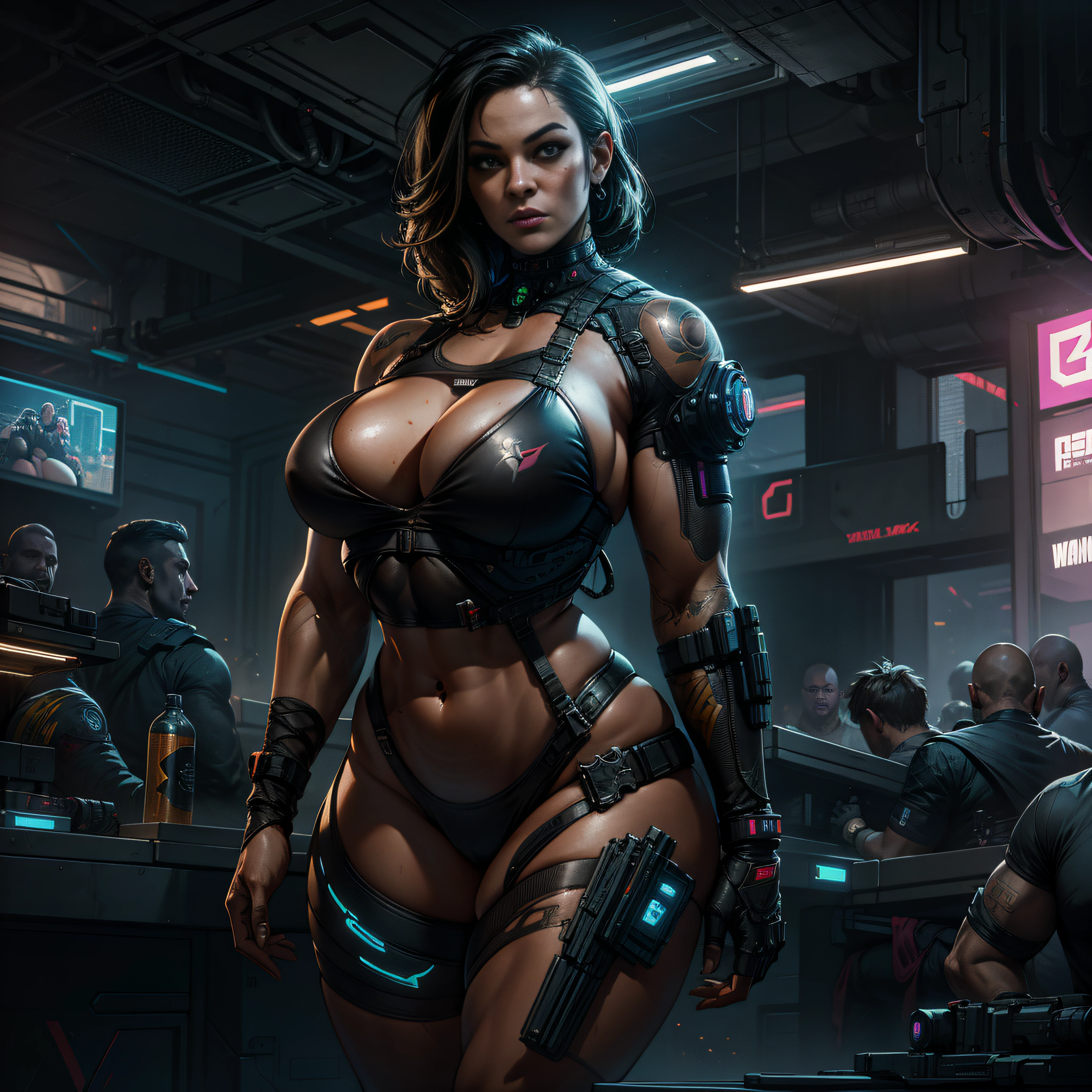 female cyborg, assin,(big bre, (perfect anatomy), (sports body), (Sexual), -thighs), (perfect arms), Cyberpunk 2077 Style, Dark ambient