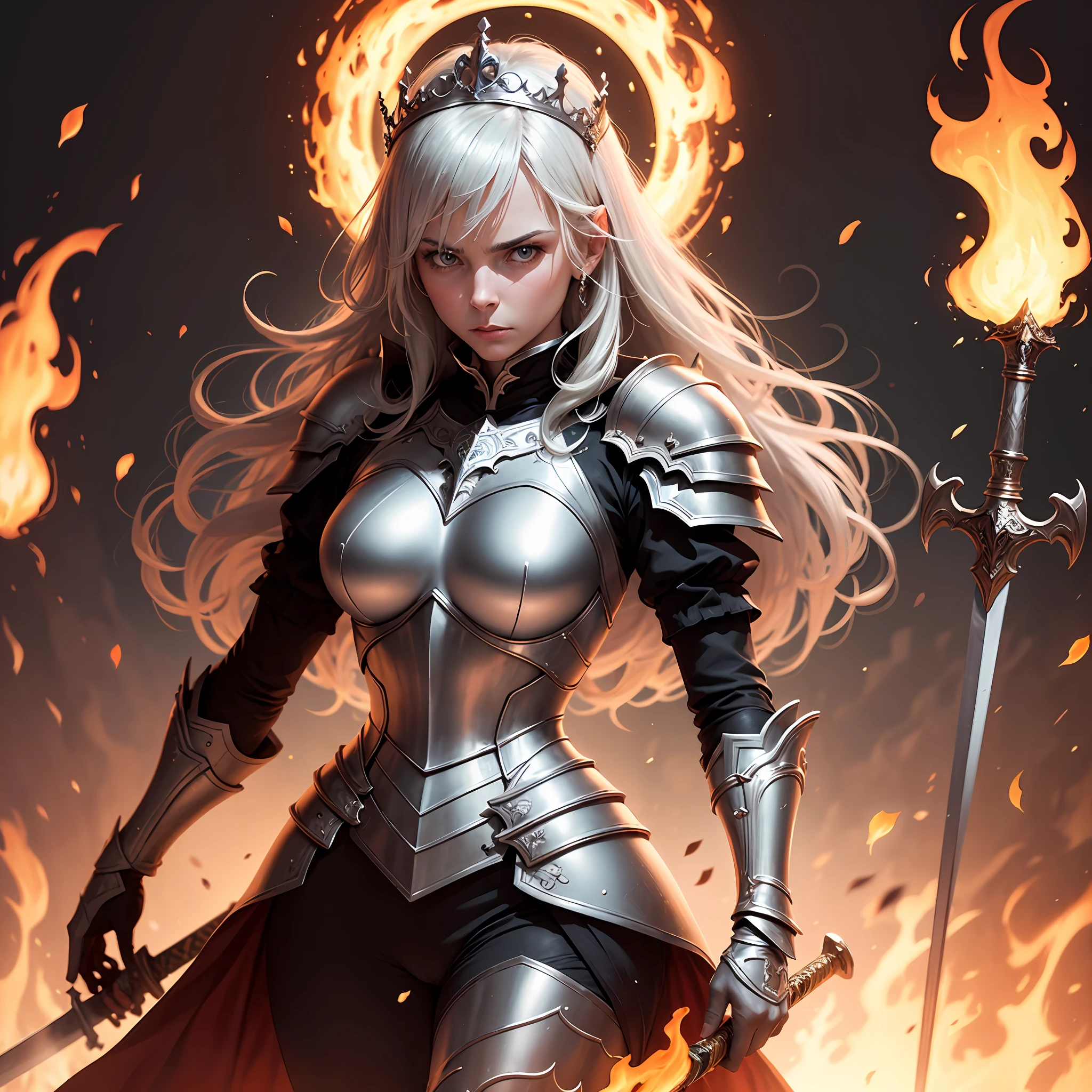 Jeanne Darke, in silver armor, stands in a circle of fire with a stern face, Rose in hand, sword in arm, There is a tiara on his head