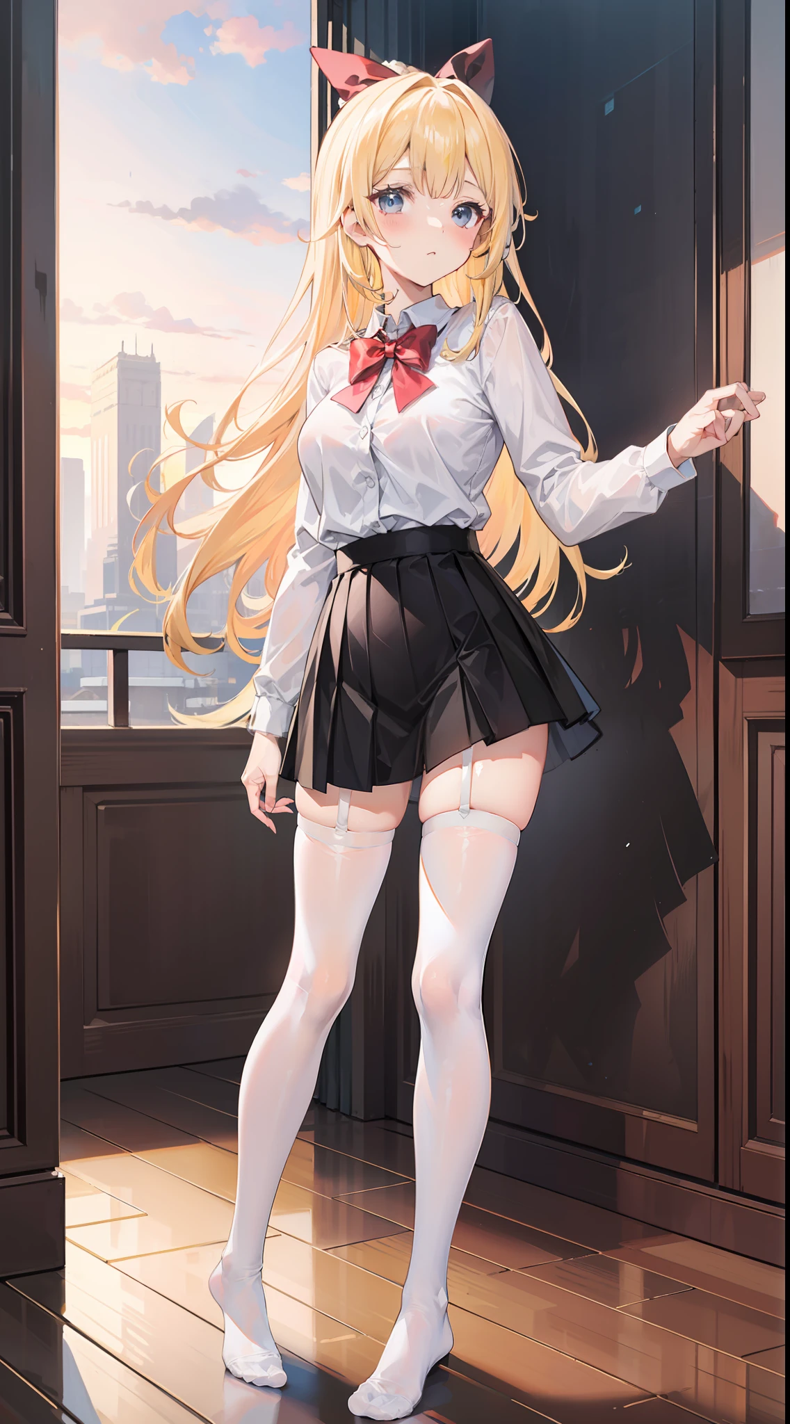 Masterpiece（（tmasterpiece）），White color blouse（（black micro skirt）），red bow，（（（（White transparent stockings）））），（（（No shoes on））），adolable，Raised sexy，Sunset，（（Long yellow））Hair