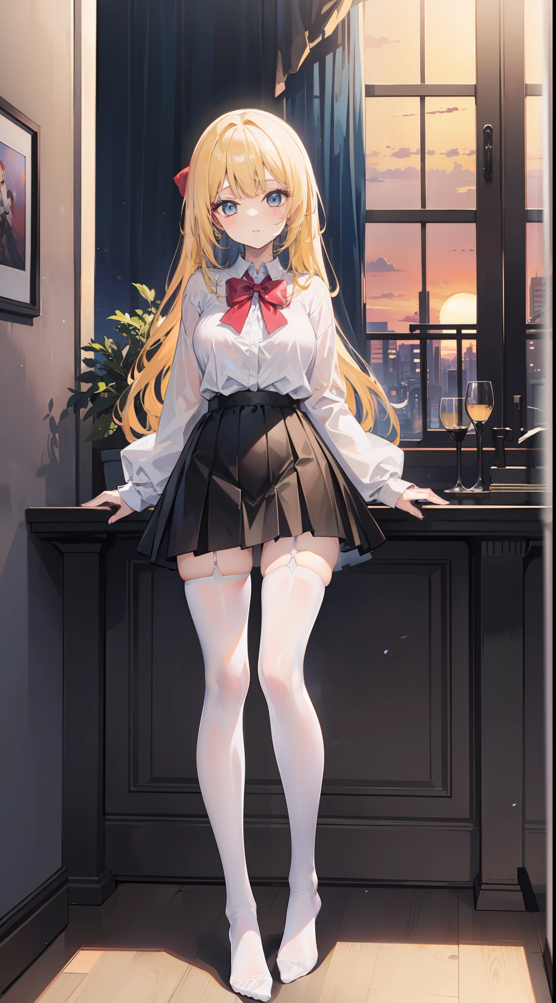 Masterpiece（（tmasterpiece）），White color blouse（（black micro skirt）），red bow，（（（（White transparent stockings）））），（（（No shoes on））），adolable，Raised sexy，Sunset，（（Long yellow））Hair