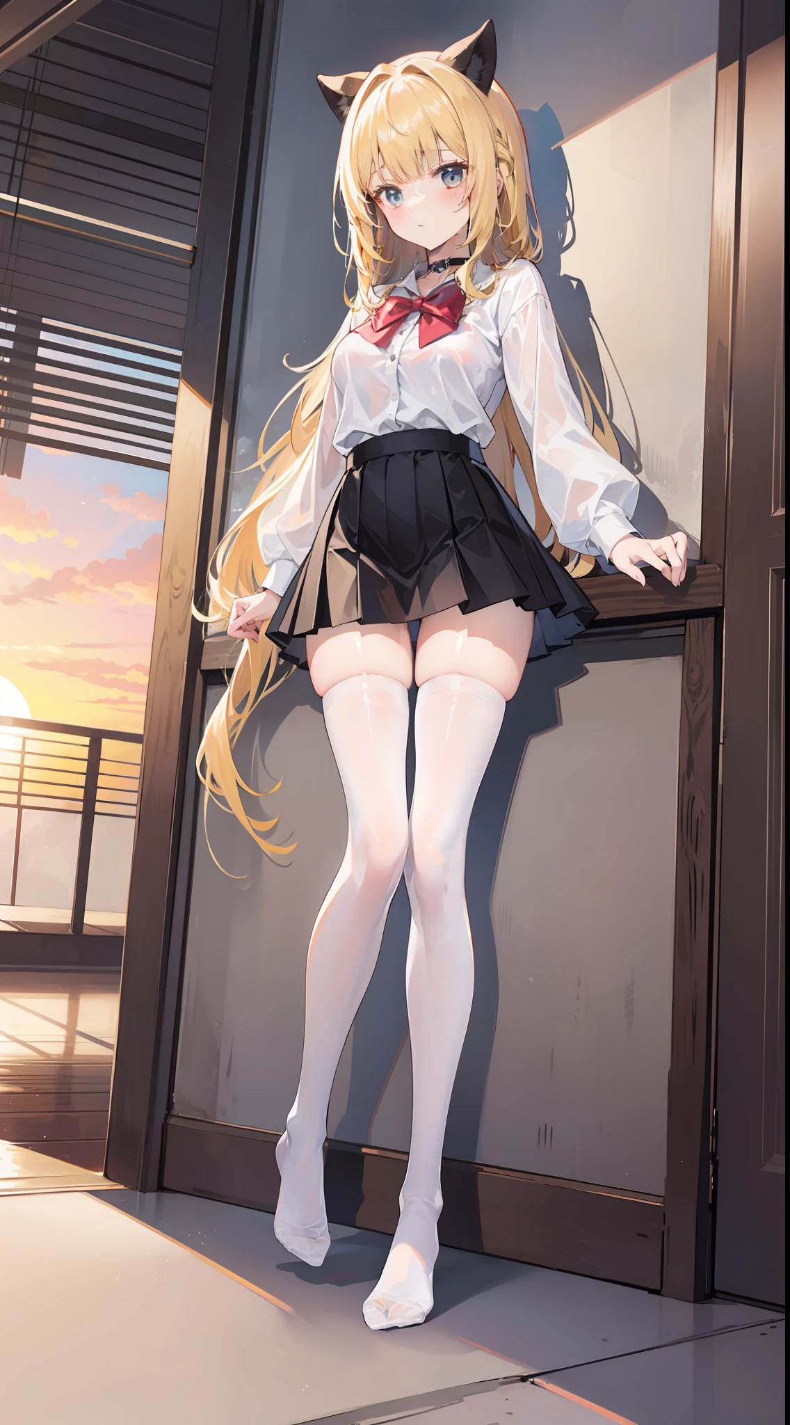 Masterpiece（（tmasterpiece）），White color blouse（（black micro skirt）），red bow，（（（（White transparent stockings）））），（（（No shoes on））），adolable，Raised sexy，Sunset，（（Long yellow））Hair