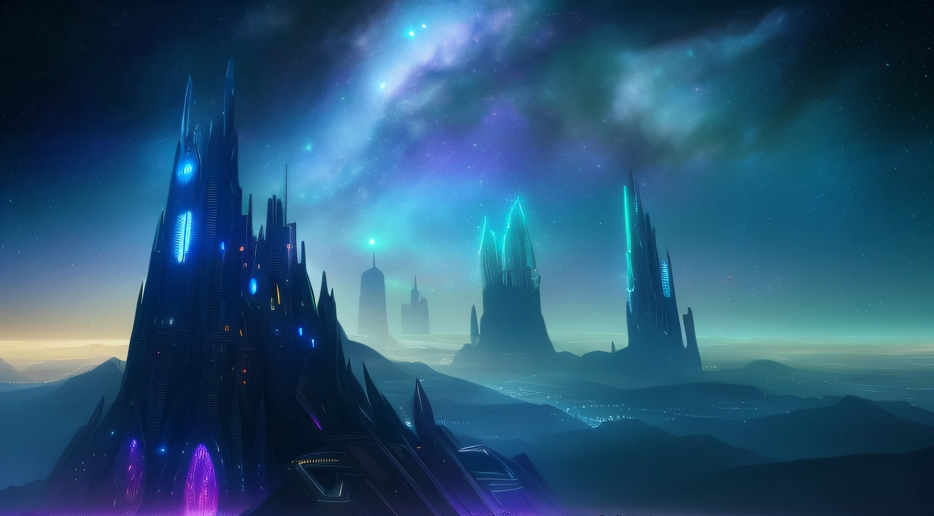 Starry sky and distant fantasy cities and planets with towers, epic fantasy sci fi illustration, fantasy planet, arstation and beeple highly, Fantasy space, fantasy scifi, epic scifi fantasy art, epic dreamlike fantasy landscape, ethereal starlit city at sunset, impressive fantasy landscape, Sci-fi fantasy wallpaper, epic beautiful space scifi, Fantasy Sci-Fi - Fantasy