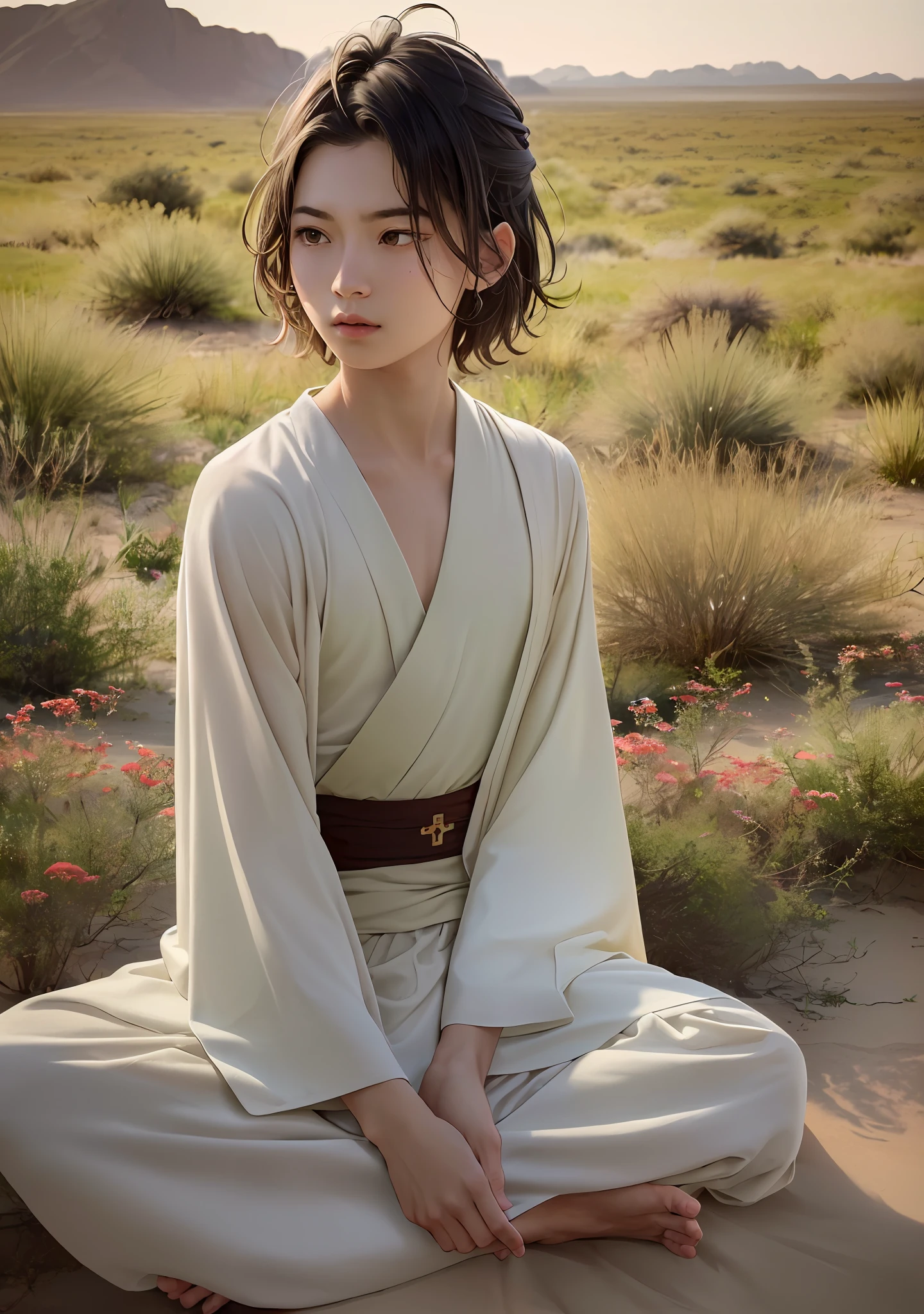 (Jedi meditation:1.3), serene photo,((1boy, Jedi master in deep meditation)),  in jedi outfit, sitting cross-legged,  (desert oasis:1.1), surrounded by blooming desert flowers, ((harmonizing with the Force)), spiritual retreat, transcendent tranquility, desert enlightenment,  Absurdres, hdr, ultra detailed illustration, extremely detailed face, RAW photo, film grain, skin pores, trending on deviantart