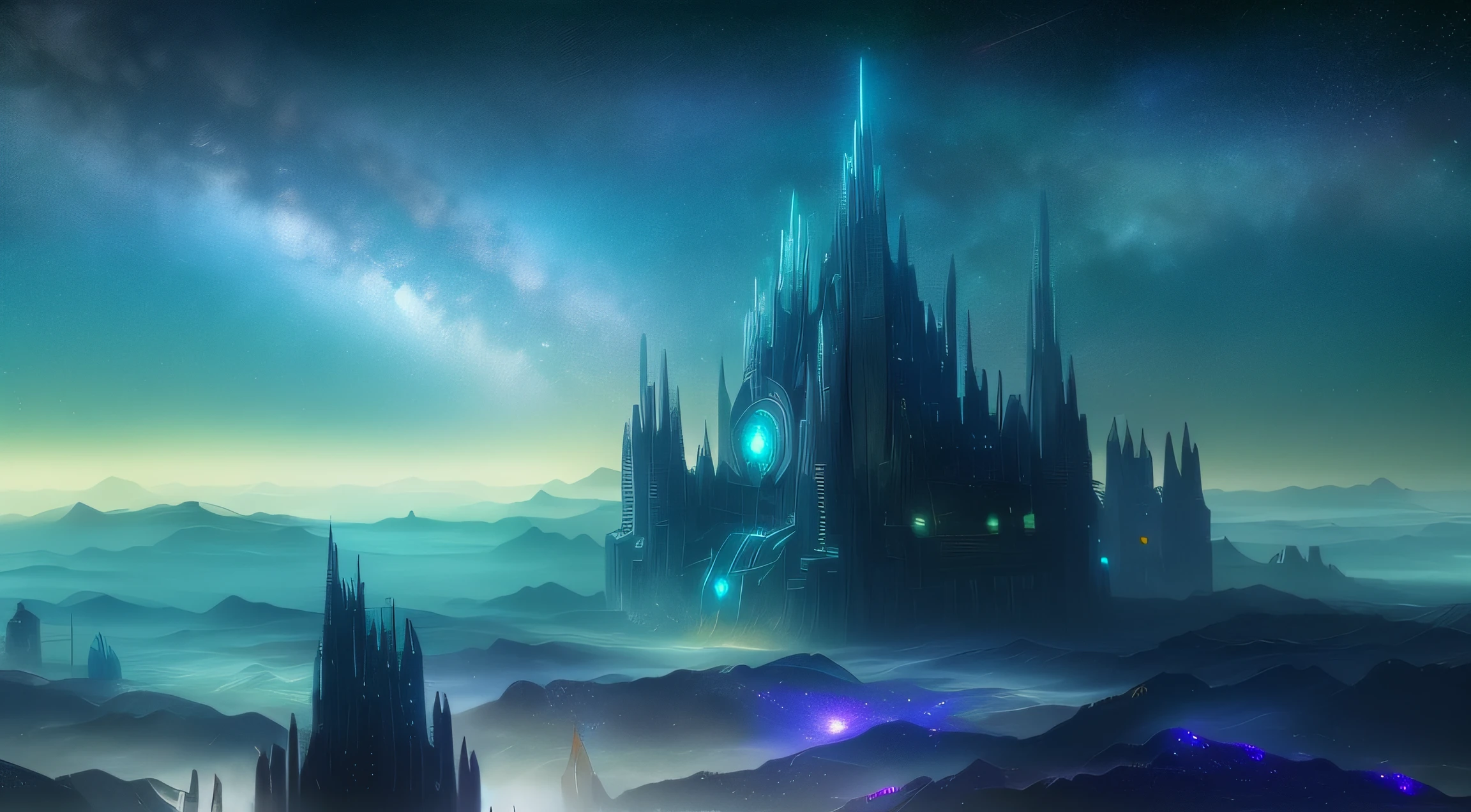 Starry sky and distant fantasy cities and planets with towers, epic fantasy sci fi illustration, fantasy planet, arstation and beeple highly, Fantasy space, fantasy scifi, epic scifi fantasy art, epic dreamlike fantasy landscape, ethereal starlit city at sunset, impressive fantasy landscape, Sci-fi fantasy wallpaper, epic beautiful space scifi, Fantasy Sci-Fi - Fantasy