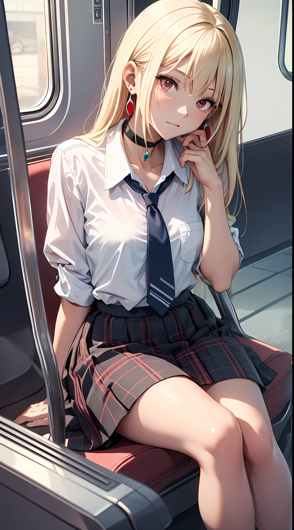 masterpiece, best quality, highres, kitagawa marin, 1girl, blonde hair, long hair, multicolored hair, red eyes, jewelry, earrings, piercing, school uniform, white shirt, tied shirt, black choker, blue necktie, plaid skirt, sitting, train interior,