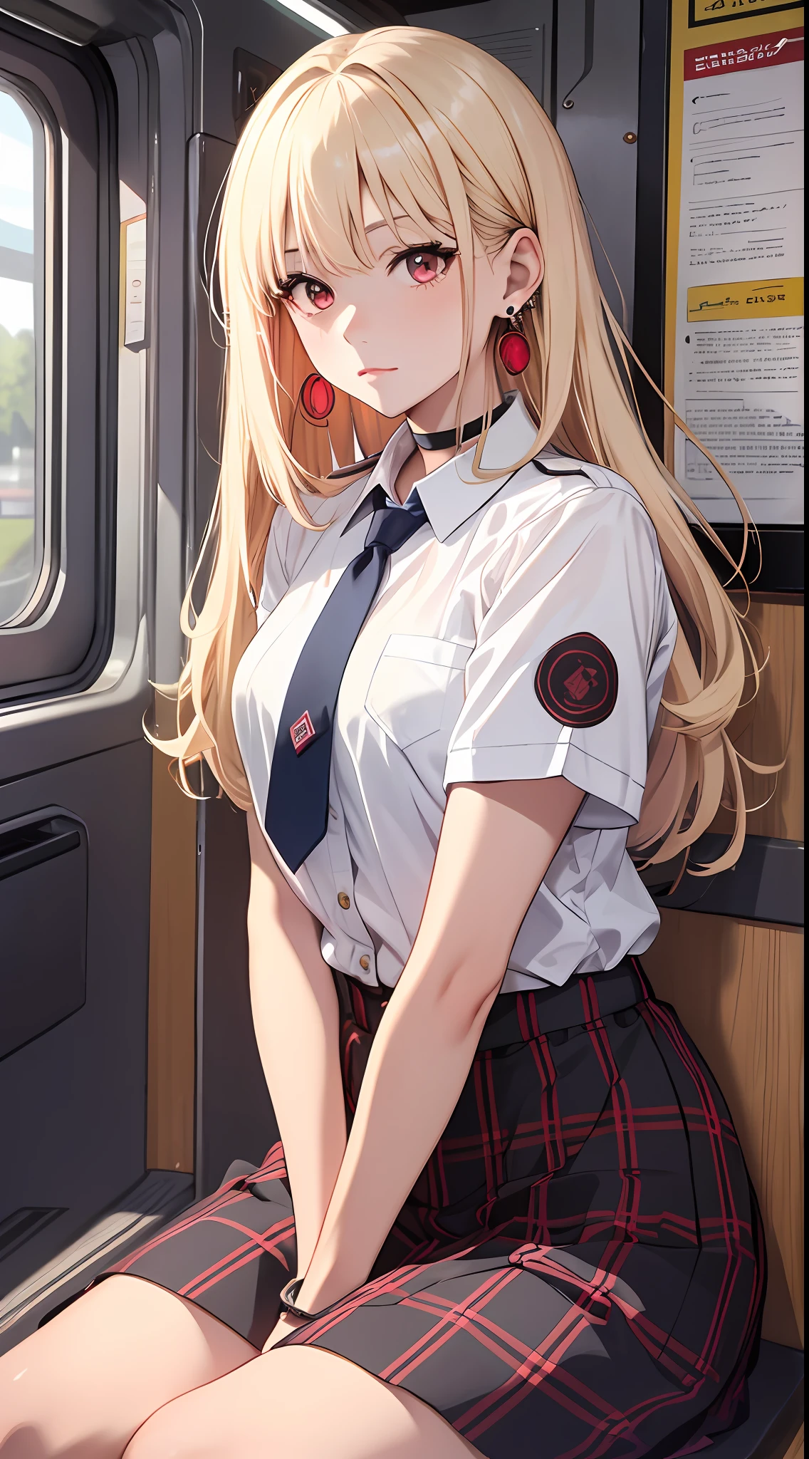 masterpiece, best quality, highres, kitagawa marin, 1girl, blonde hair, long hair, multicolored hair, red eyes, jewelry, earrings, piercing, school uniform, white shirt, tied shirt, black choker, blue necktie, plaid skirt, sitting, train interior,