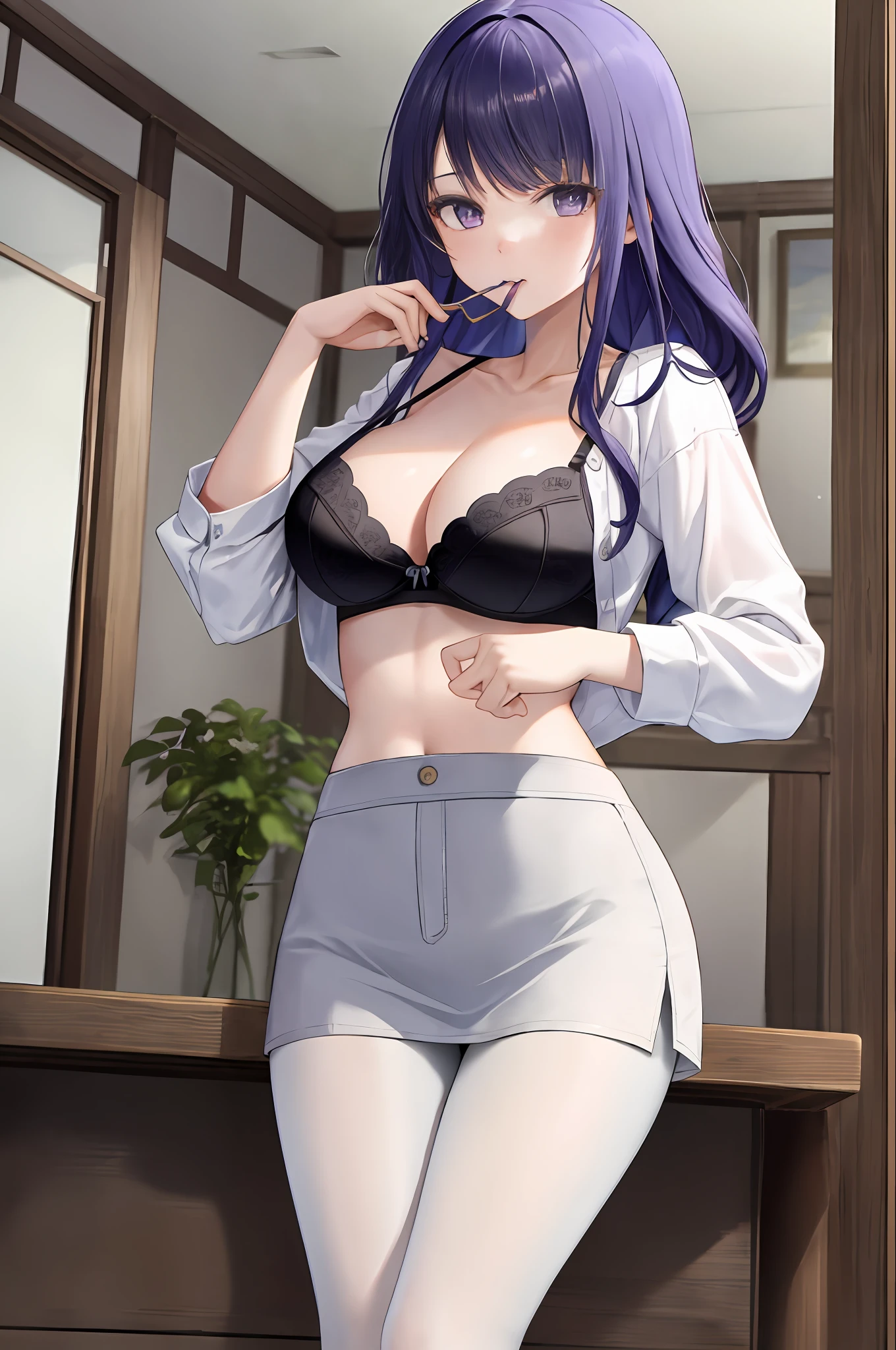 ((masterpiece, best quality)),8k,indoor ,1raiden shogun,mouth_hold,(white shirt:1.2) ,looking at viewer,slim waist,black bra, use pantyhose