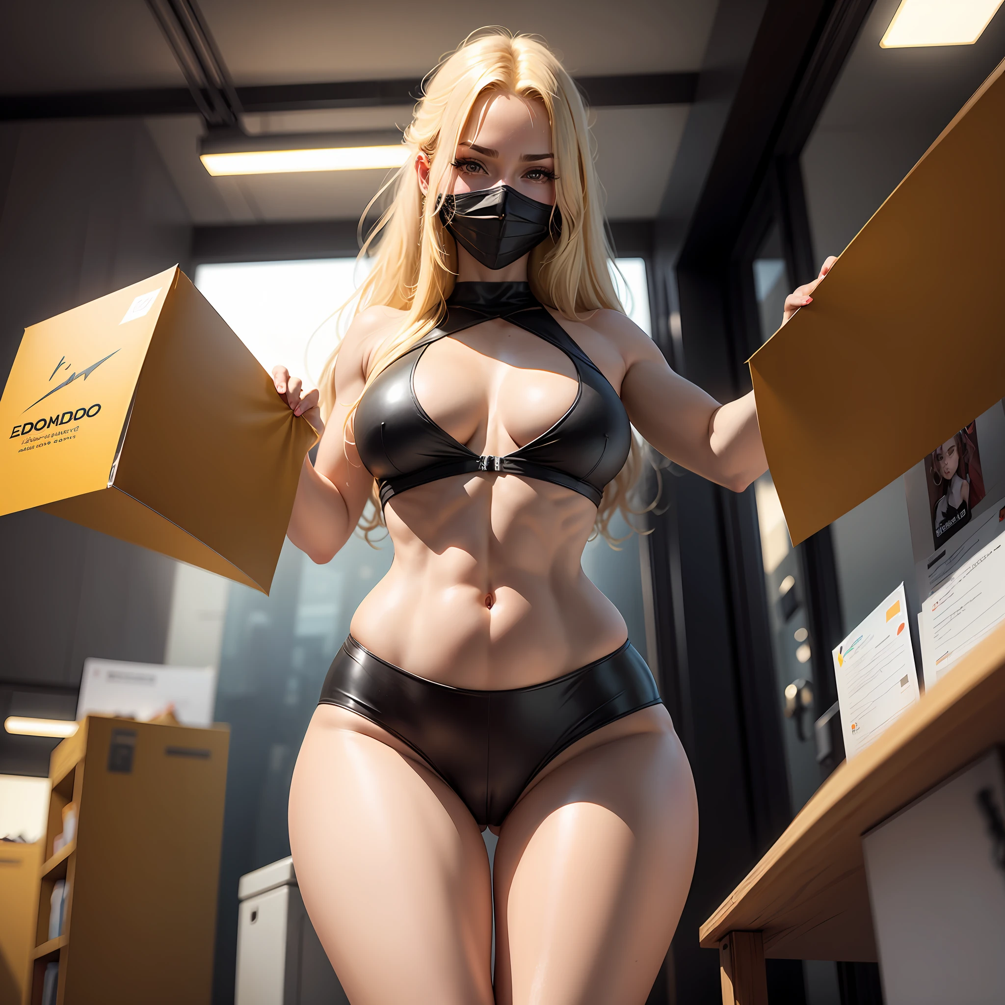(obra-prima: 1.2, melhor qualidade), (1milf, solo), large pelvis, 30 anos de idade, seios redondos, peitos enormes falsos, coxas largas, bunda grande, corpo atraente :1.2), abdominais :1.1, olhos detalhados, Double eyelidm, perna torneada musculosa, corpo gordinho grosso, tipo de corpo tonificada, seduzindo o espectador, brasileira, High heels, blonde hair, long hair, Surrealism, sideways, from below, best quality, 8k --auto