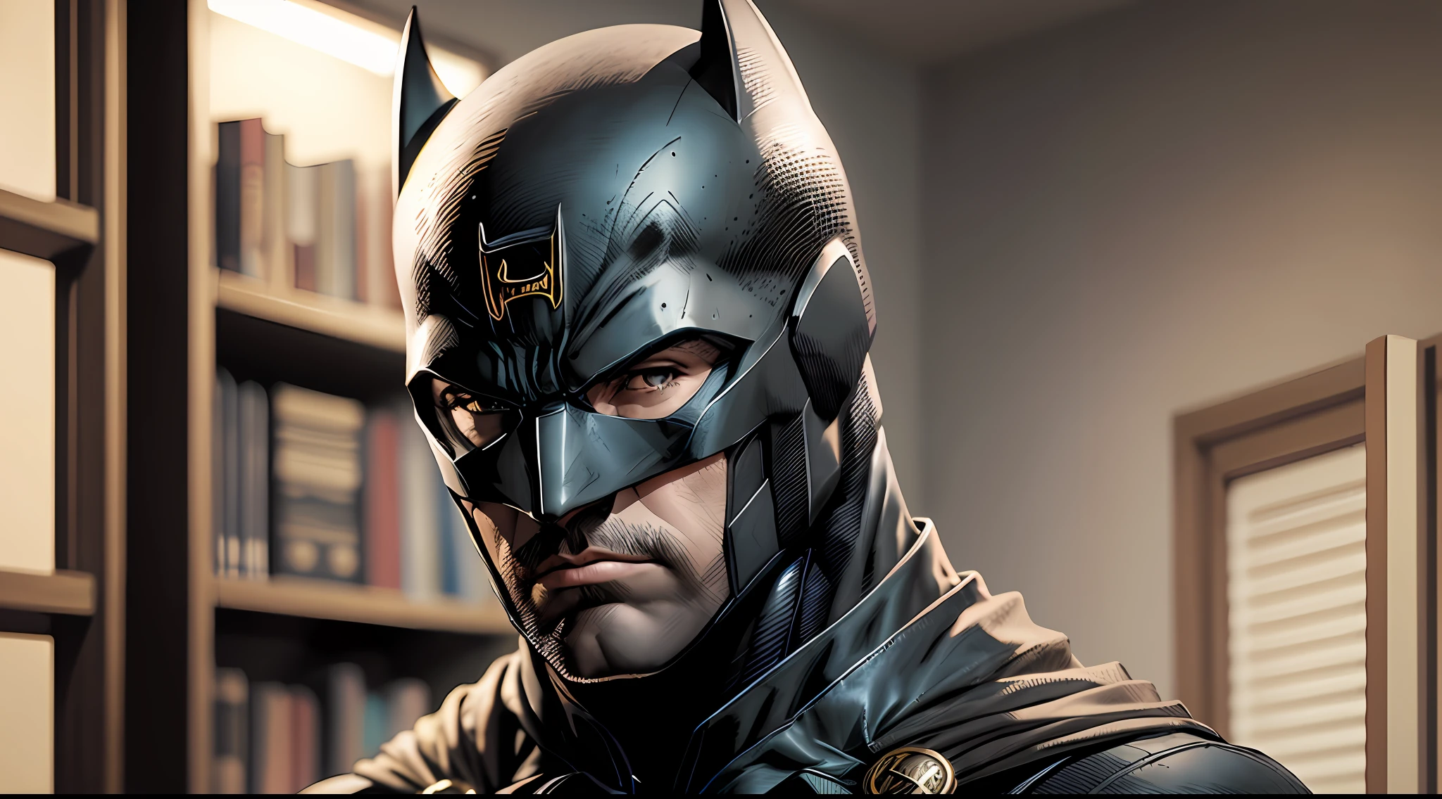 Ben Affleck como Batman, alto, beau, musculoso, bulto, hombro ancho, fotorrealismo, traje gris sucio oscuro, brazos gris oscuro, ((no mask)), mask out, cabello negro, guantes negros, mejor calidad, obra maestra, high resolusion: 1.2, capa negra, High detail mask, traje de alto detalle, cara alta detallada, galardonado, noche, una cueva oscura en el fondo, dentro