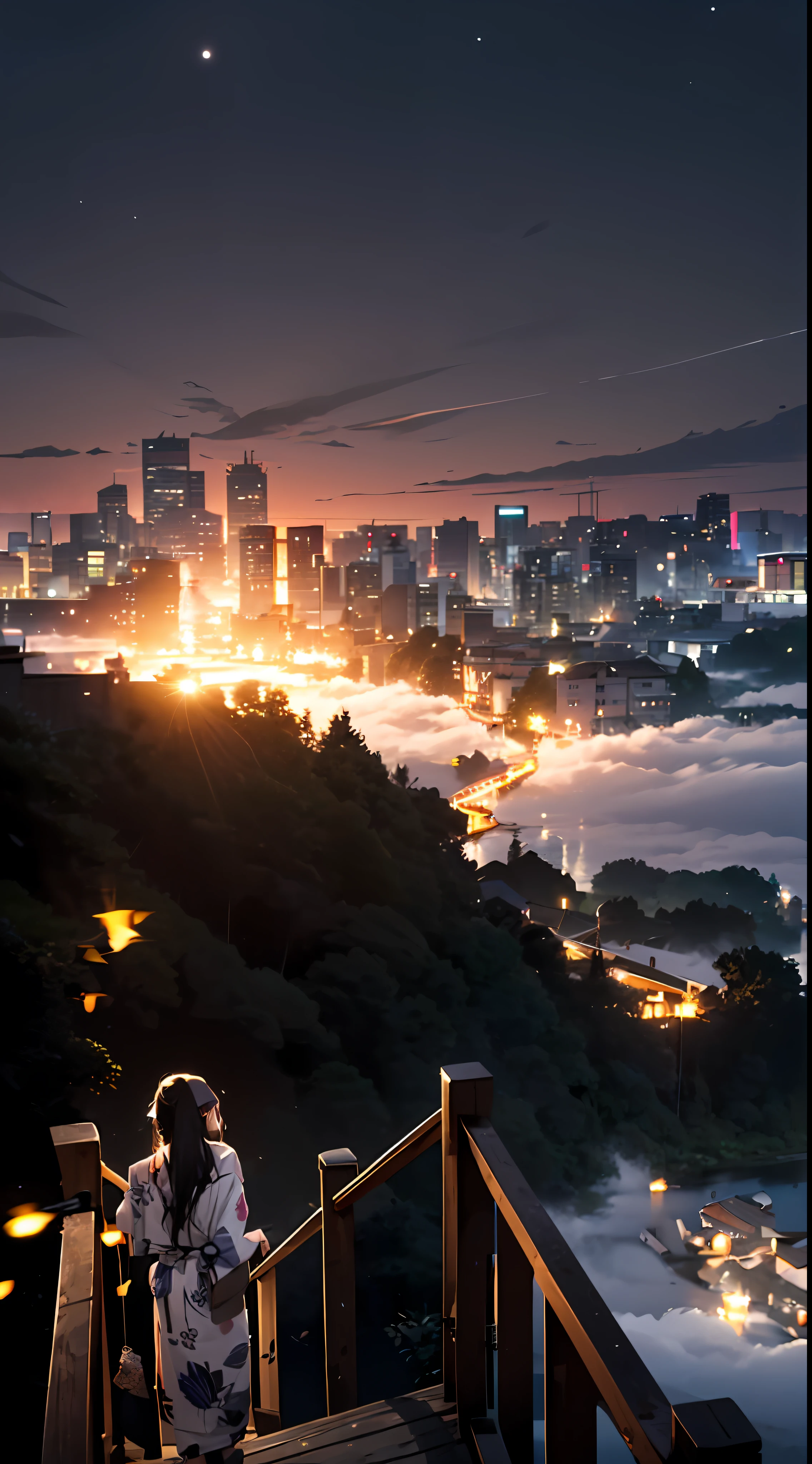 masterpiece, illusion, highest quality, night, cloudy night, oborotsuki, ((fireflies)), ((countryside)), (countryside), river surface, adult woman in yukata, thick evening fog, flowing evening fog, dry ice, thick fog, confession, regret, loneliness, long black hair, hair luster, after rain, whole body, overhead, sink lantern, sadness, separation, memories, thoughts