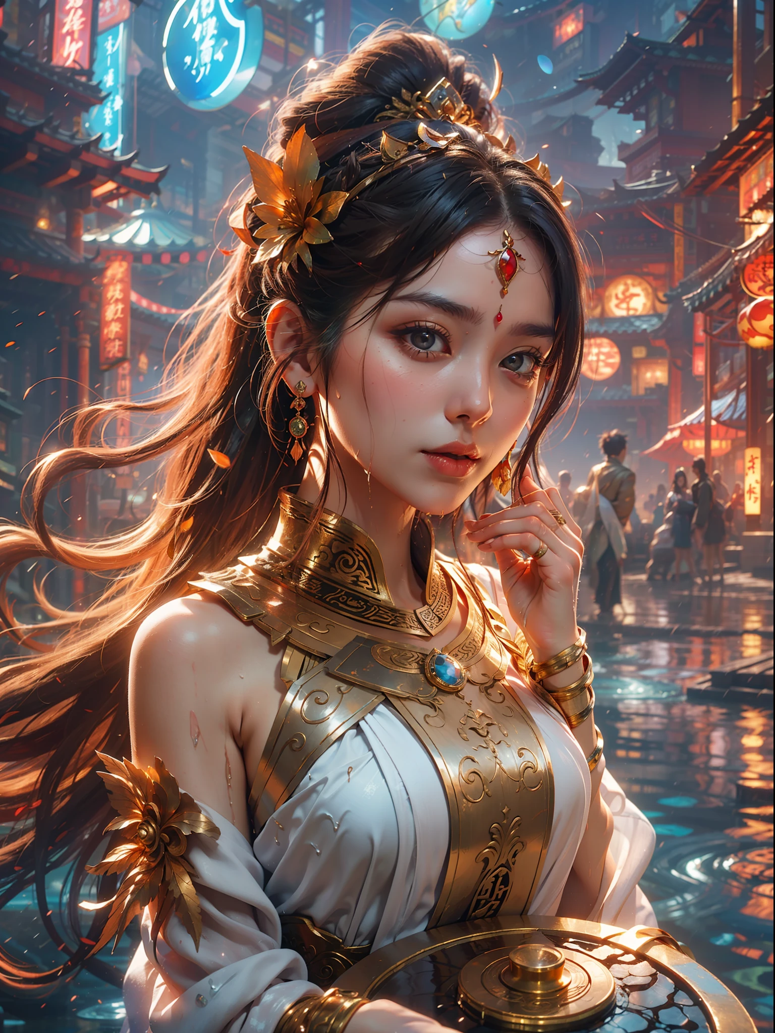 A Buddhist Bodhisattva Girl, (Masterpiece, Top Quality, Best Quality, Official Art), (KPOP idol), (Super Long Hair, Messy Long Flowing Hair, Light Pink Long Hair), Delicate Jewelry, Delicate Bracelet, Delicate Hair Ornament, High Feeling, Aperture in the Back, Fairy Fluttering, Looking Up View, Barefoot, Golden Bracelet on Ankle, Ancient Chinese Costumes, (Conservative Clothes), (Gorgeous Silk, Flowing Tulle, Flying Silk Around), dazzling background, Golden aperture on the back, gold Falun on the back, best light, best shadow, movie lighting, mystery, background pure black with ring aperture, ultra HD, 8k, fair skin, Wolp_style, duhuang_style, upper body close-up, detailed face, (sideways: 1.5), 28 years old, 1girl, well-dressed, super long clothes, one leg on the ground, left hand to do Buddha hand on chest, the other raised above the head to do bergamot, surrealism, photo, realistic,{(Surfacing from the clear pool,(Splashes around the body: 2.0), Splashes, Water ripples)}, (Wet clothes: 1.5) (Wet body: 3.0), (Wet hair: 1.5)}, Mid-chest, 48KG weight, smooth skin, light blue pupils, detailed eye painting, (Super white skin, supple skin), (Face focus, bending over to look at the camera, snap), light hitting the face