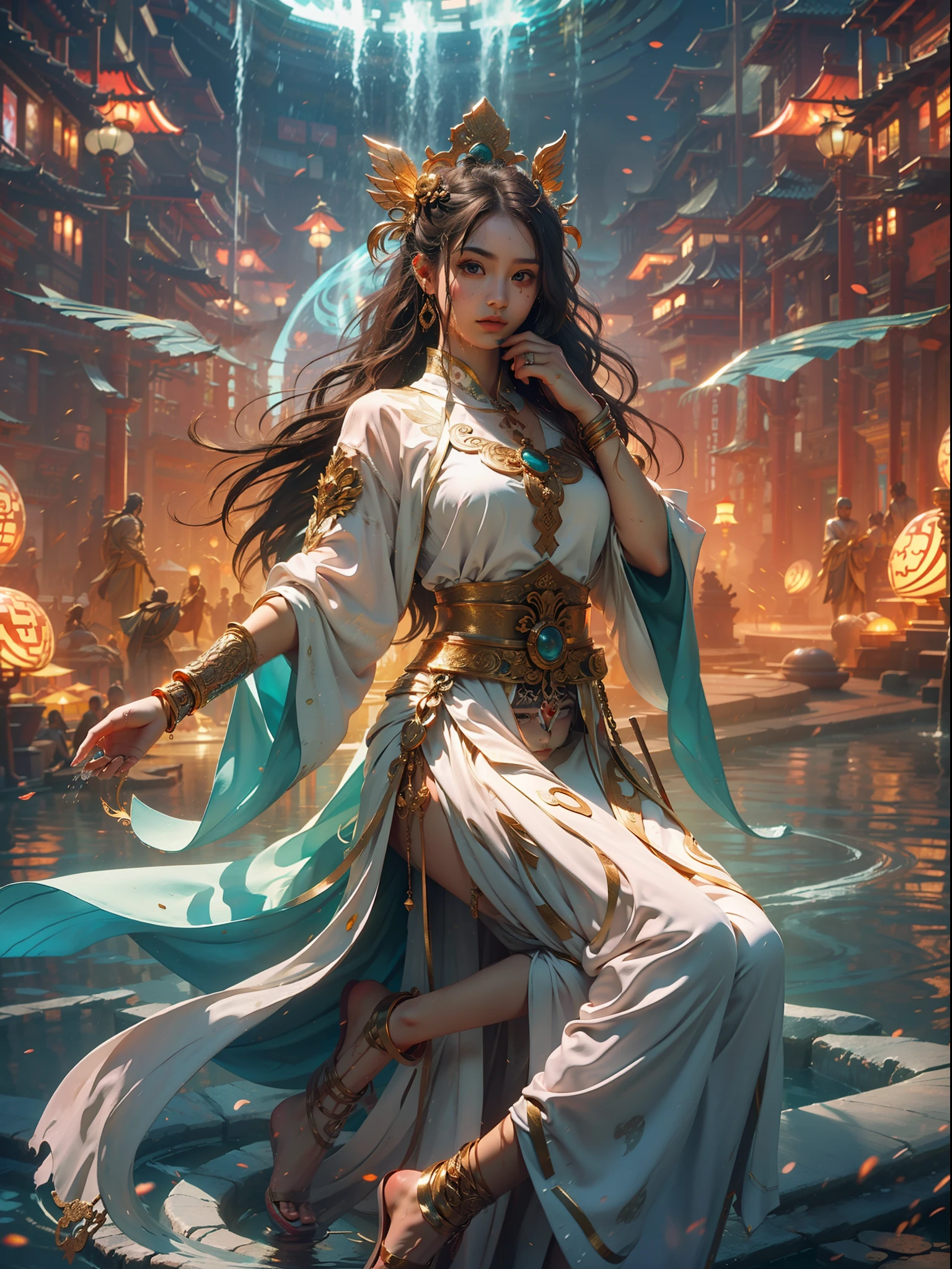 A Buddhist Bodhisattva Girl, (Masterpiece, Top Quality, Best Quality, Official Art), (KPOP idol), (Super Long Hair, Messy Long Flowing Hair, Light Pink Long Hair), Delicate Jewelry, Delicate Bracelet, Delicate Hair Ornament, High Feeling, Aperture in the Back, Fairy Fluttering, Looking Up View, Barefoot, Golden Bracelet on Ankle, Ancient Chinese Costumes, (Conservative Clothes), (Gorgeous Silk, Flowing Tulle, Flying Silk Around), dazzling background, Golden aperture on the back, gold Falun on the back, best light, best shadow, movie lighting, mystery, background pure black with ring aperture, ultra HD, 8k, fair skin, Wolp_style, duhuang_style, upper body close-up, detailed face, (sideways: 1.5), 28 years old, 1girl, well-dressed, super long clothes, one leg on the ground, left hand to do Buddha hand on chest, the other raised above the head to do bergamot, surrealism, photo, realistic,{(Surfacing from the clear pool,(Splashes around the body: 2.0), Splashes, Water ripples)}, (Wet clothes: 1.5) (Wet body: 3.0), (Wet hair: 1.5)}, Mid-chest, 48KG weight, smooth skin, light blue pupils, detailed eye painting, (Super white skin, supple skin), (Face focus, bending over to look at the camera, snap), light hitting the face