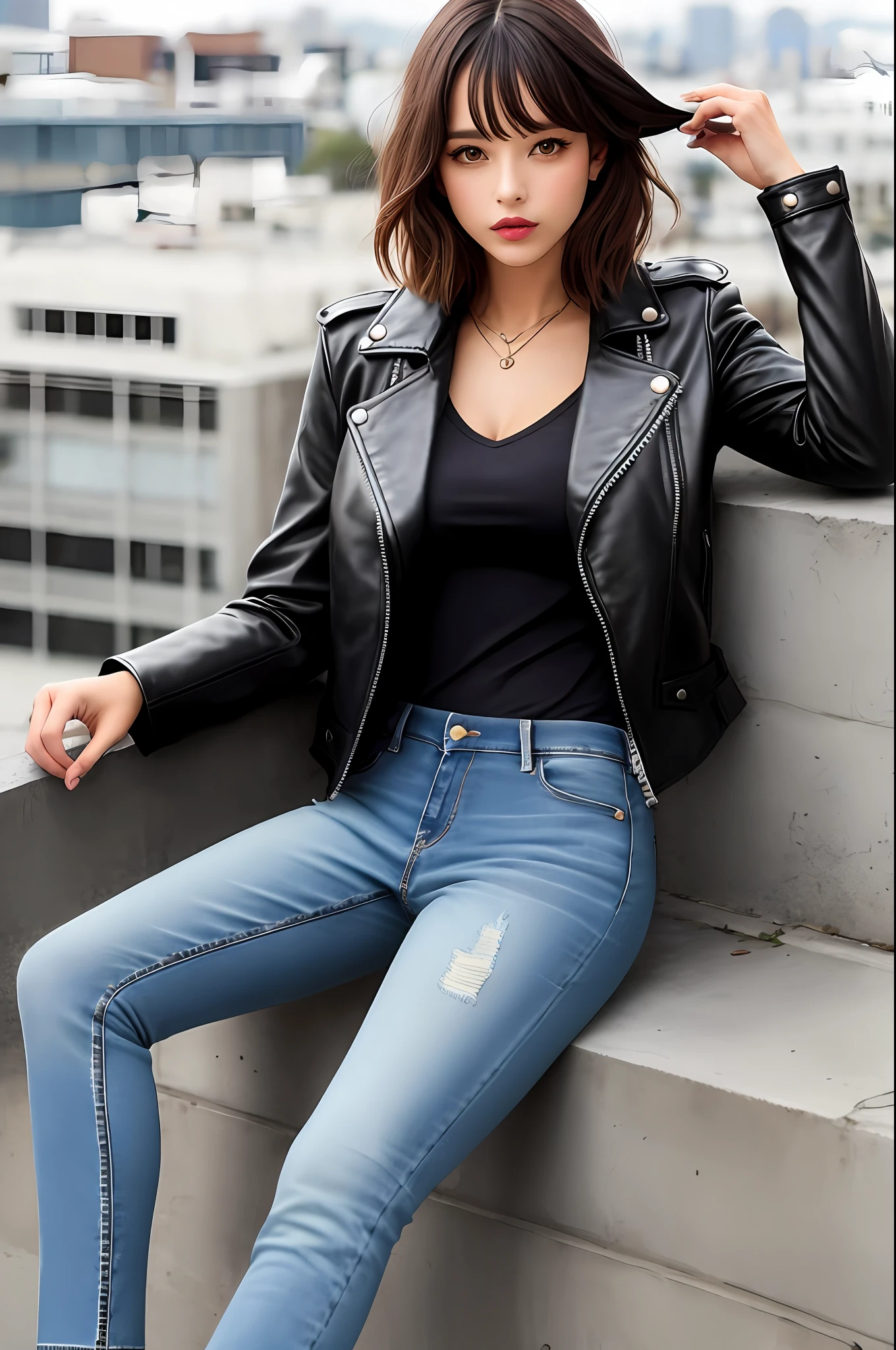 Arafed woman in black leather jacket sitting on a ledge, usando uma jaqueta de couro, ela usa jaqueta de couro, vestindo uma jaqueta de couro preta, usando jaqueta de couro, vestido em couro preto, vestindo uma jaqueta preta, vestindo couro, usando uma roupa de couro completa, jaqueta de couro e jeans, vestindo uma jaqueta preta extravagante, vestido com jaqueta de couro, imagem retrato, jaqueta de couro preta