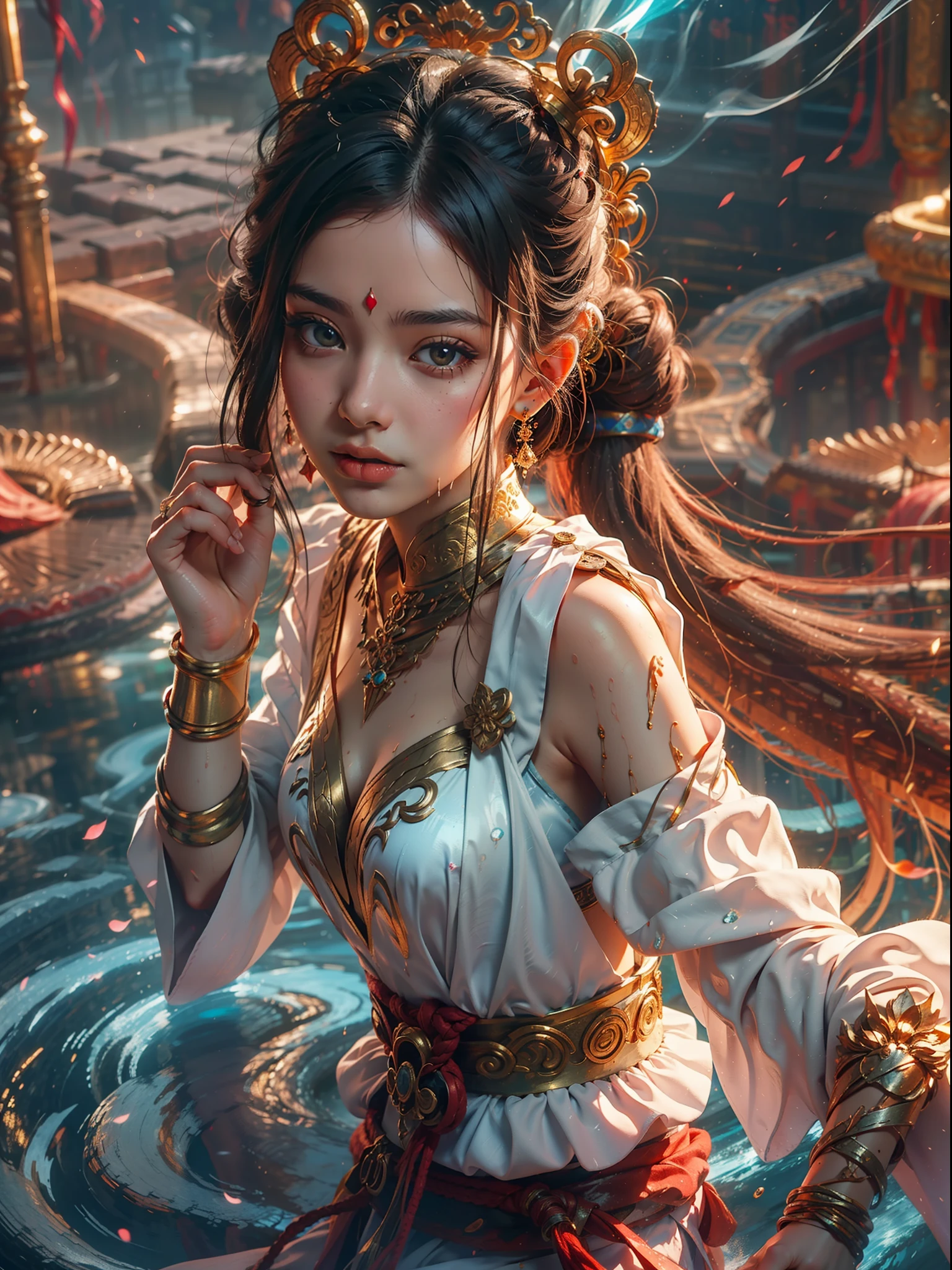A Buddhist Bodhisattva Girl, (Masterpiece, Top Quality, Best Quality, Official Art), (KPOP idol), (Super Long Hair, Messy Long Flowing Hair, Light Pink Long Hair), Delicate Jewelry, Delicate Bracelet, Delicate Hair Ornament, High Feeling, Aperture in the Back, Fairy Fluttering, Looking Up View, Barefoot, Golden Bracelet on Ankle, Ancient Chinese Costumes, (Conservative Clothes), (Gorgeous Silk, Flowing Tulle, Flying Silk Around), dazzling background, Golden aperture on the back, gold Falun on the back, best light, best shadow, movie lighting, mystery, background pure black with ring aperture, ultra HD, 8k, fair skin, Wolp_style, duhuang_style, upper body close-up, detailed face, (sideways: 1.5), 28 years old, 1girl, well-dressed, super long clothes, one leg on the ground, left hand to do Buddha hand on chest, the other raised above the head to do bergamot, surrealism, photo, realistic,{(Surfacing from the clear pool,(Splashes around the body: 2.0), Splashes, Water ripples)}, (Wet clothes: 1.5) (Wet body: 3.0), (Wet hair: 1.5)}, Mid-chest, 48KG weight, smooth skin, light blue pupils, detailed eye painting, (Super white skin, supple skin), (Face focus, bending over to look at the camera, snap), light hitting the face
