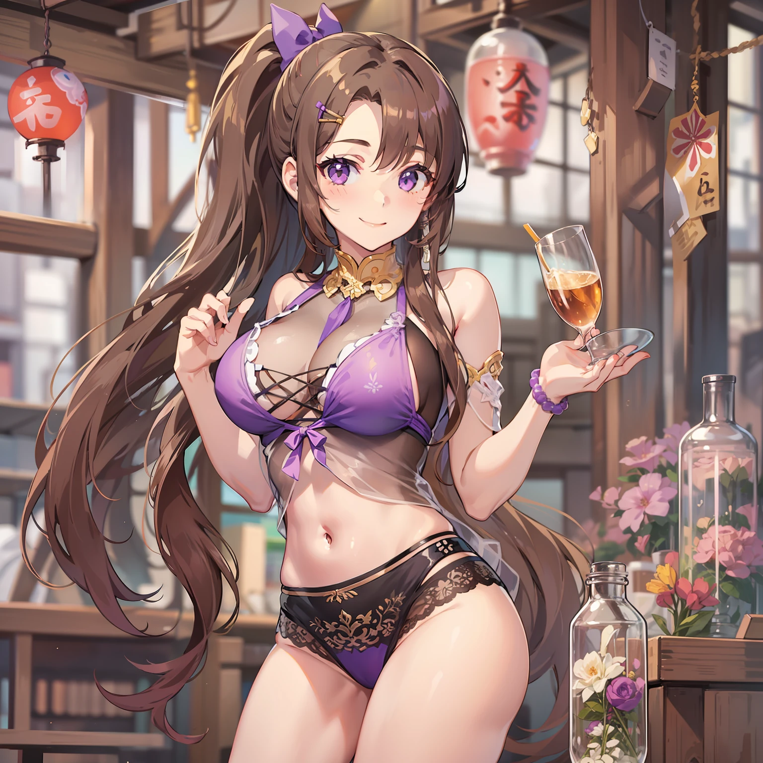 1girls, full body, white skin, purple eyes, long brown hair in ponytail, smiling, very large breasts, muslos, micro bikini, casa japonesa,