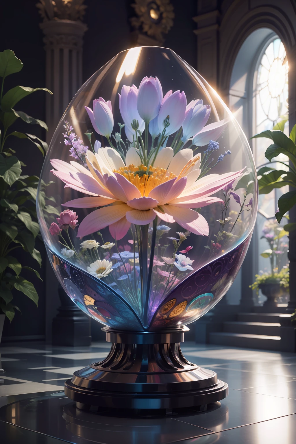 A glass-like alien floral monument is displayed in a museum-like setting, its intricate details and vibrant colors radiating from the pedestal’s futuristic light. --auto