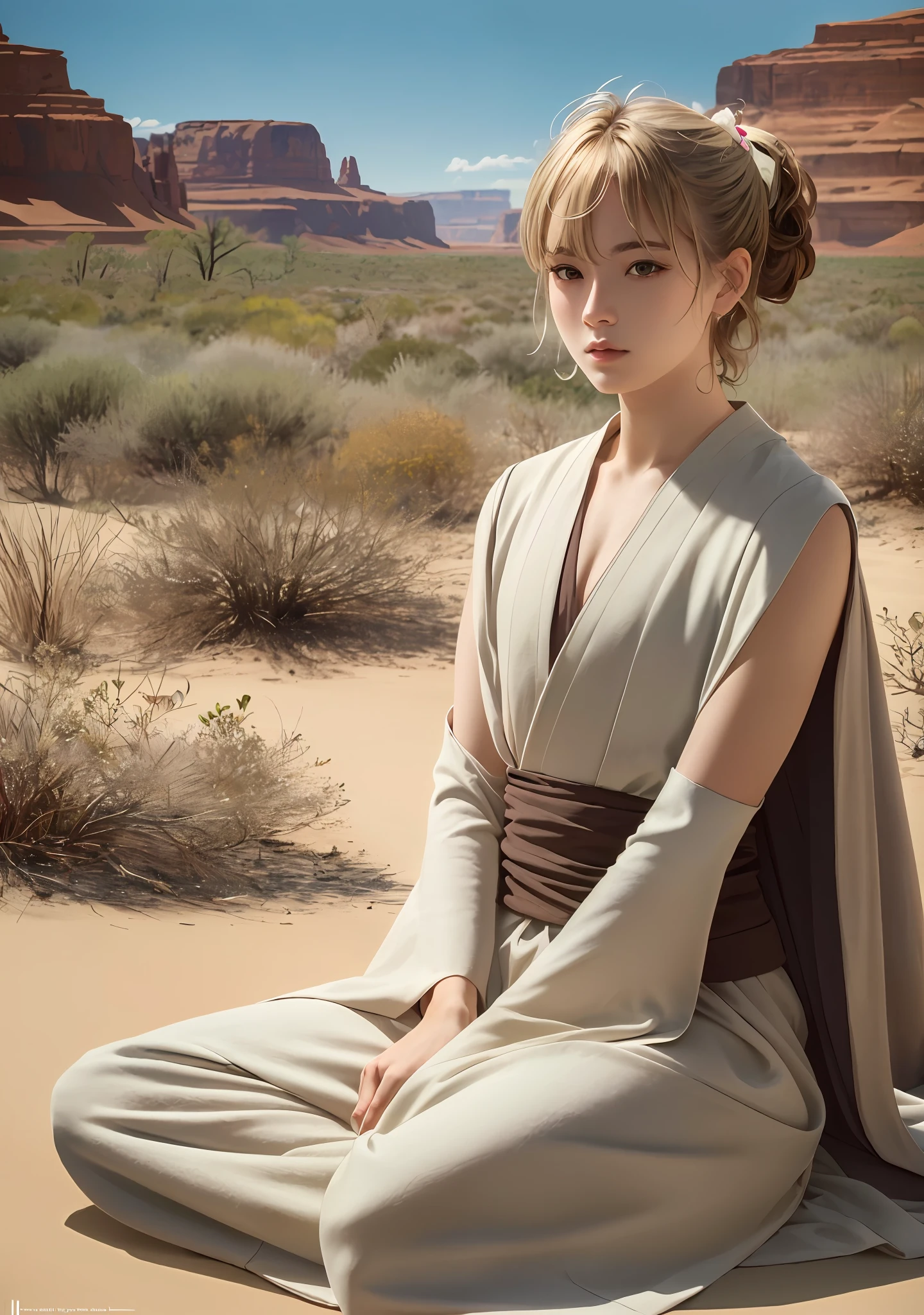 (Jedi meditation:1.3), serene photo,((1man)), ((Jedi master in deep meditation)), (blond man), in jedi outfit, sitting cross-legged,  (desert oasis:1.1), surrounded by blooming desert flowers, ((harmonizing with the Force)), spiritual retreat, transcendent tranquility, desert enlightenment,  Absurdres, hdr, ultra detailed illustration, extremely detailed face, RAW photo, film grain, skin pores, trending on deviantart, ((occidental face))