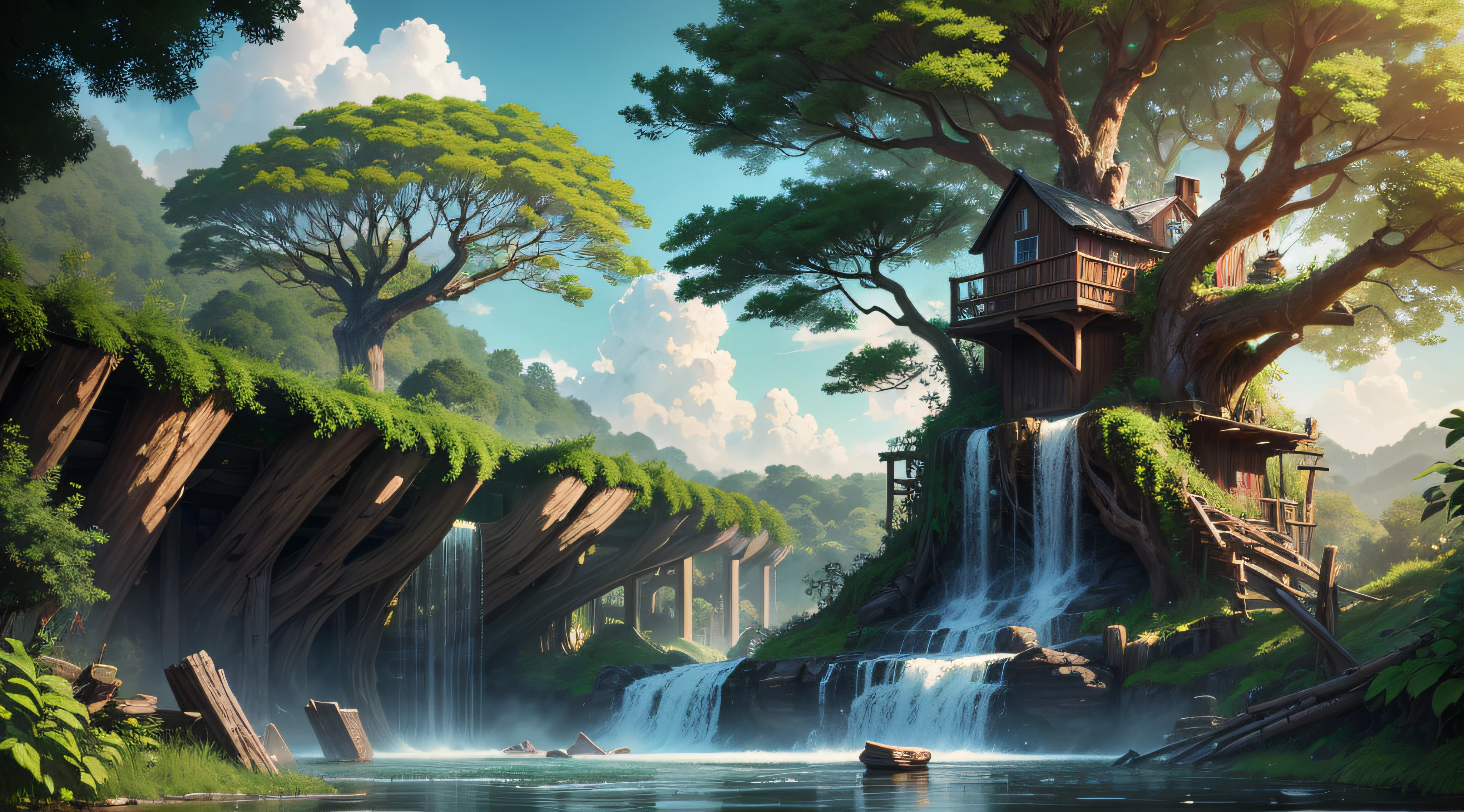 Gigantic colorful trees with many vines, palmeiras, coqueiro, fallen logs, a watermill with a waterwheel, moinho de vento, numa cachoeira exuberante, rio com grandes rochas hiper realista, sky with clouds, sol, lua, global ilumination, profundidade de campo,