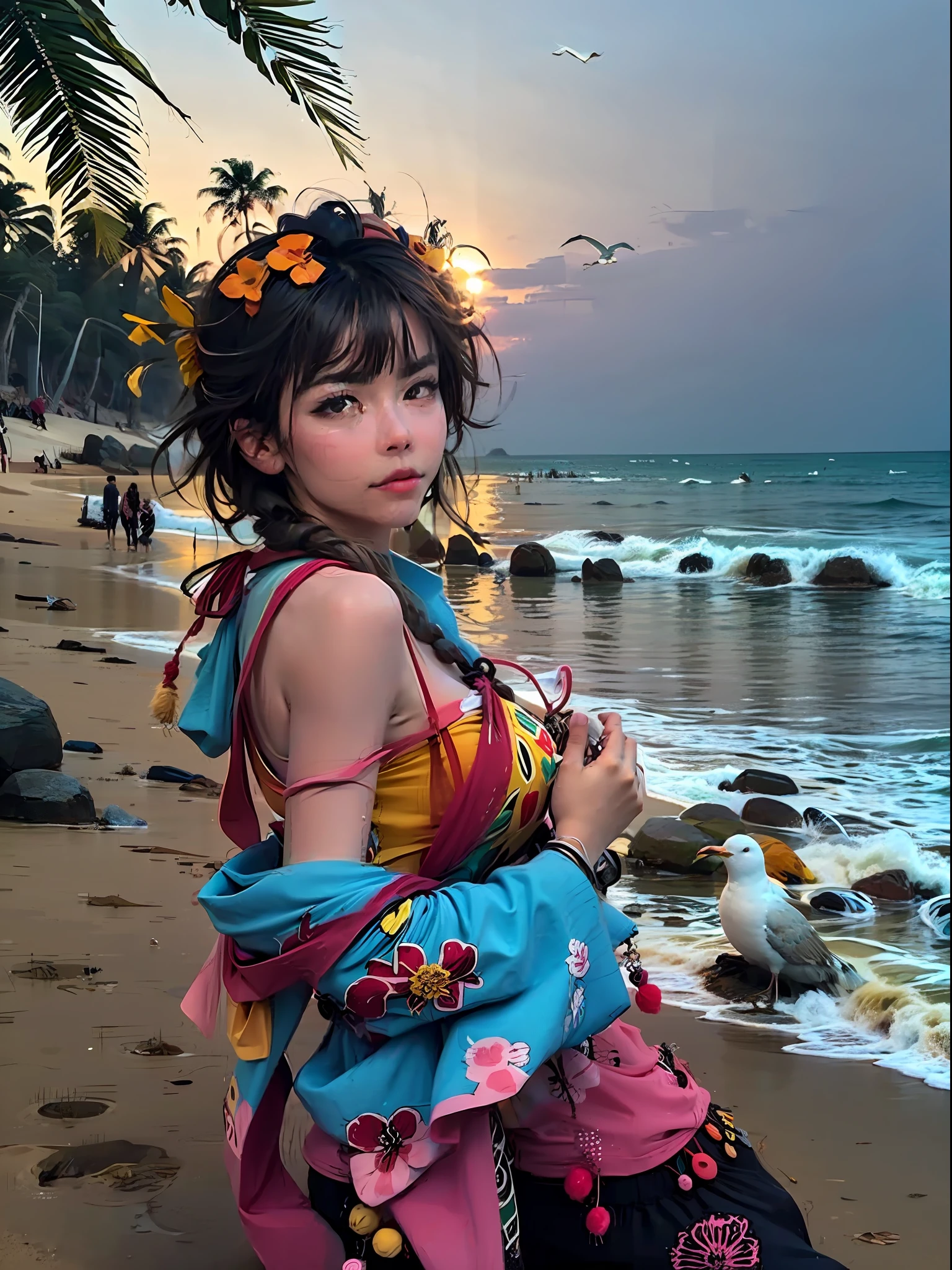 Absolutely mesmerizing sunset on the beach with a mix of oranges, pinks and yellows in the sky. The water is crystal clear, gently kissing the shore, and the white sand is endless. The scenes are action-packed and breathtaking, with seagulls soaring high in the sky and palm trees swaying gently. Immerse yourself in the calm atmosphere and let the serenity surround you.