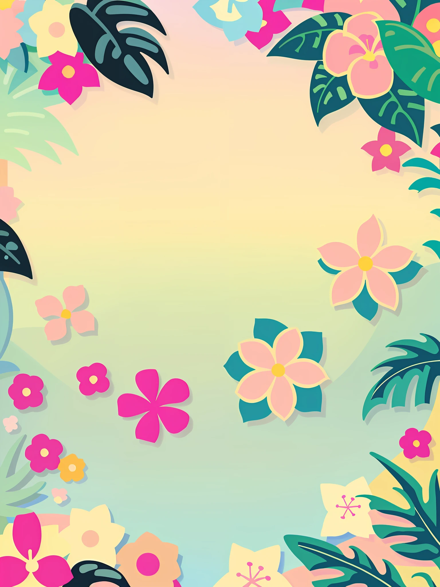 Flora Print,Soft beige,pastel pink,Tropical plants,flatillustration,GUI,Maximalism,bright color scheme