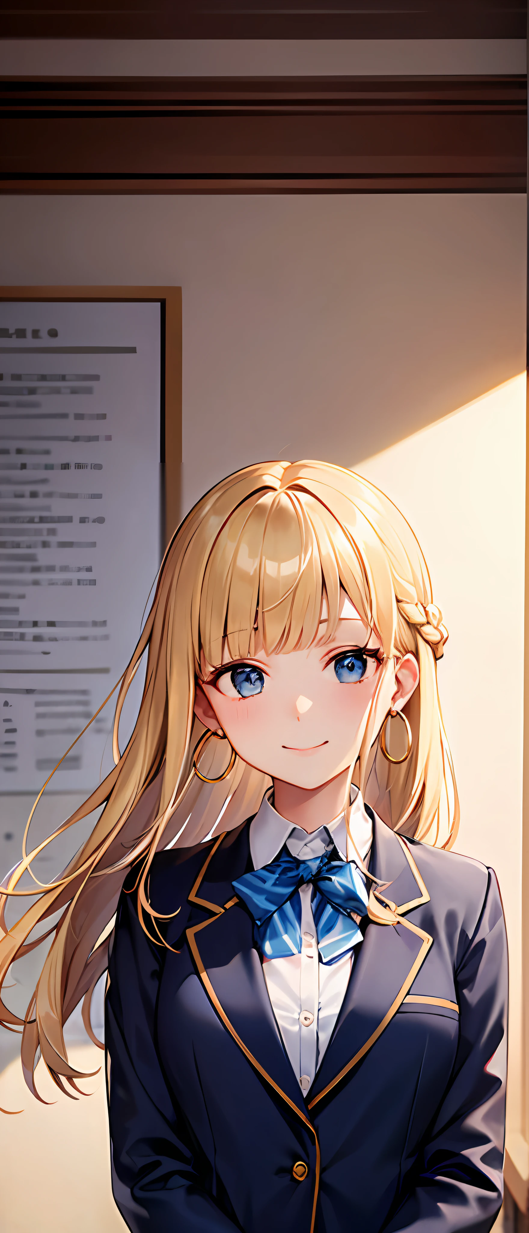 best quality,masterpiece,shiny blonde,blue eyes,school uniform, look down on, upper body,hair strand,Fair skin,french braid,smile,blunt bangs,hoop earrings,gladient hair,left sideburn is longer than right one,front view of the body,navy blue blazer,loosen clothing around the neck,folding arms