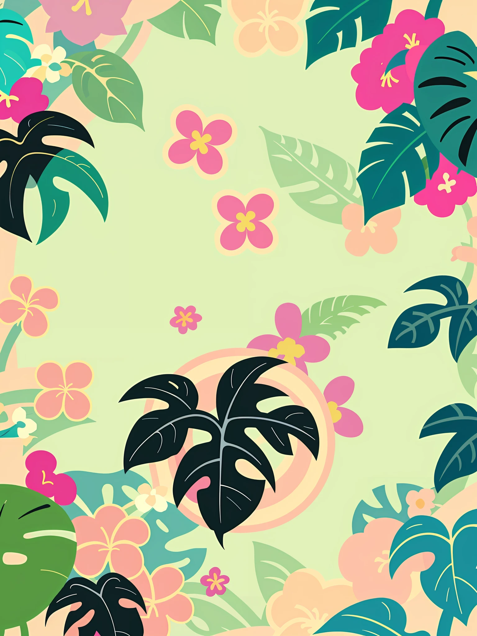 Flora Print，Soft beige，pastel pink，Tropical plants,flatillustration，GUI，Maximalism，bright color scheme