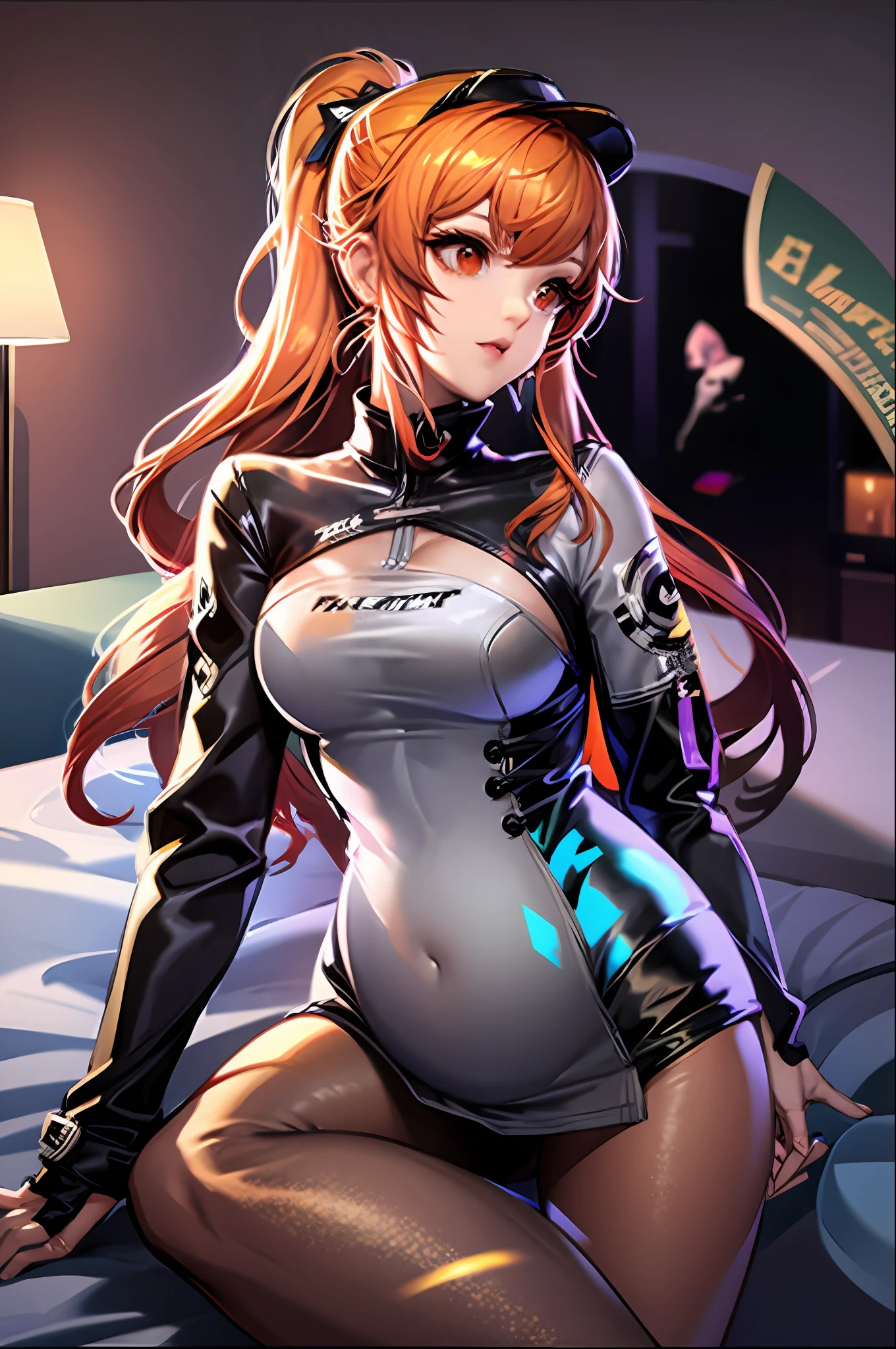 (((1个Giant Breast Girl)),Ray traching,(dim murky lights),[detailedbackground(Bedrooms)),((Orange hair)),((golden hair)),(((((Fluffy silver hair,plump and slender girl))Wears a high ponytail)))Avoid golden eyes in the ominous bedroom((((Girl wearing gold black racing suit,Wear yours with black sheer pantyhose),It shows a delicate and slender figure and beautiful curves,Correct limbs,sit on a bed,Pregnant belly,Pregnant belly,Pregnant women with