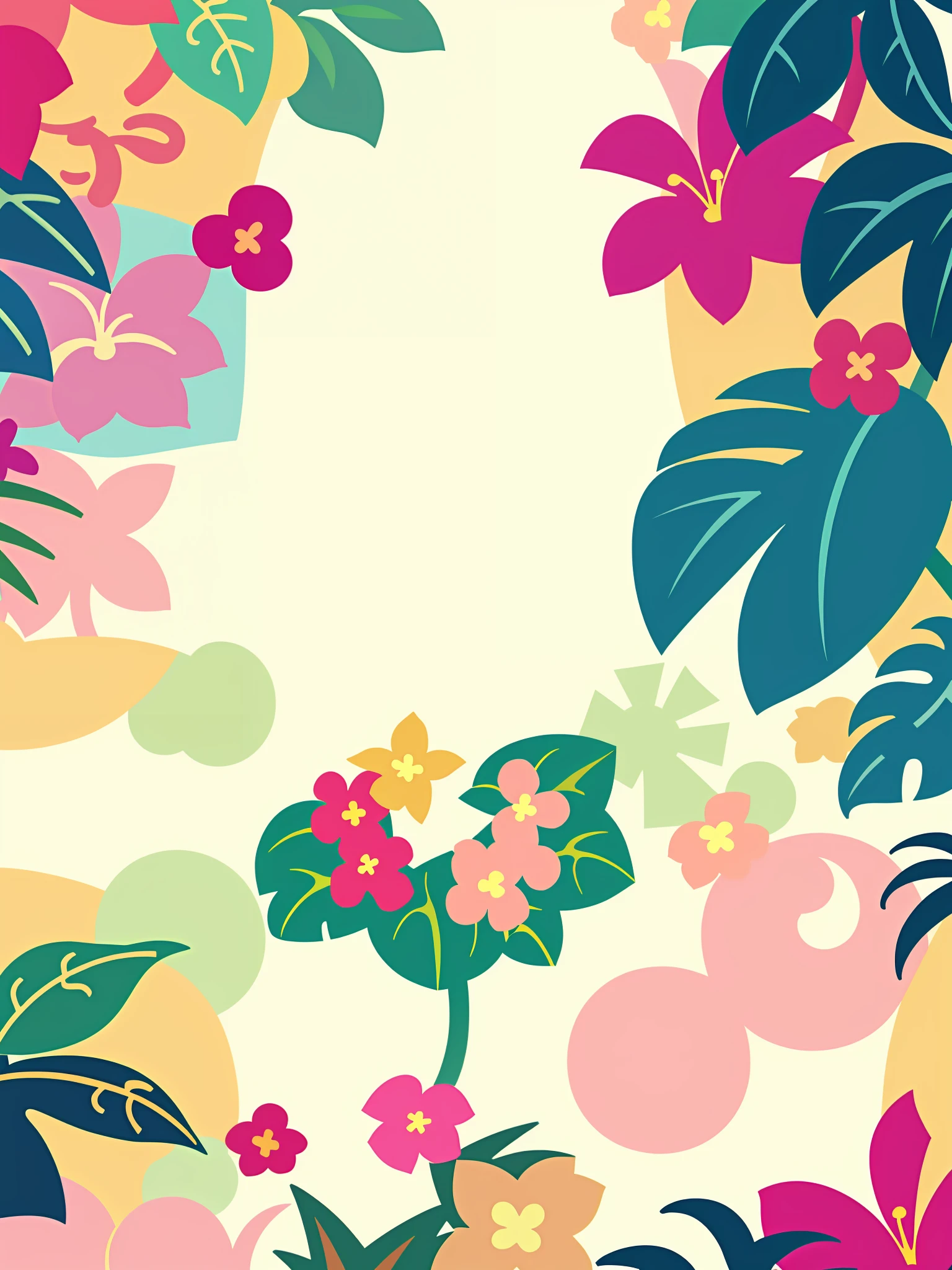 Flora Print，Soft beige，pastel pink，Tropical plants,flatillustration，GUI，Maximalism，bright color scheme