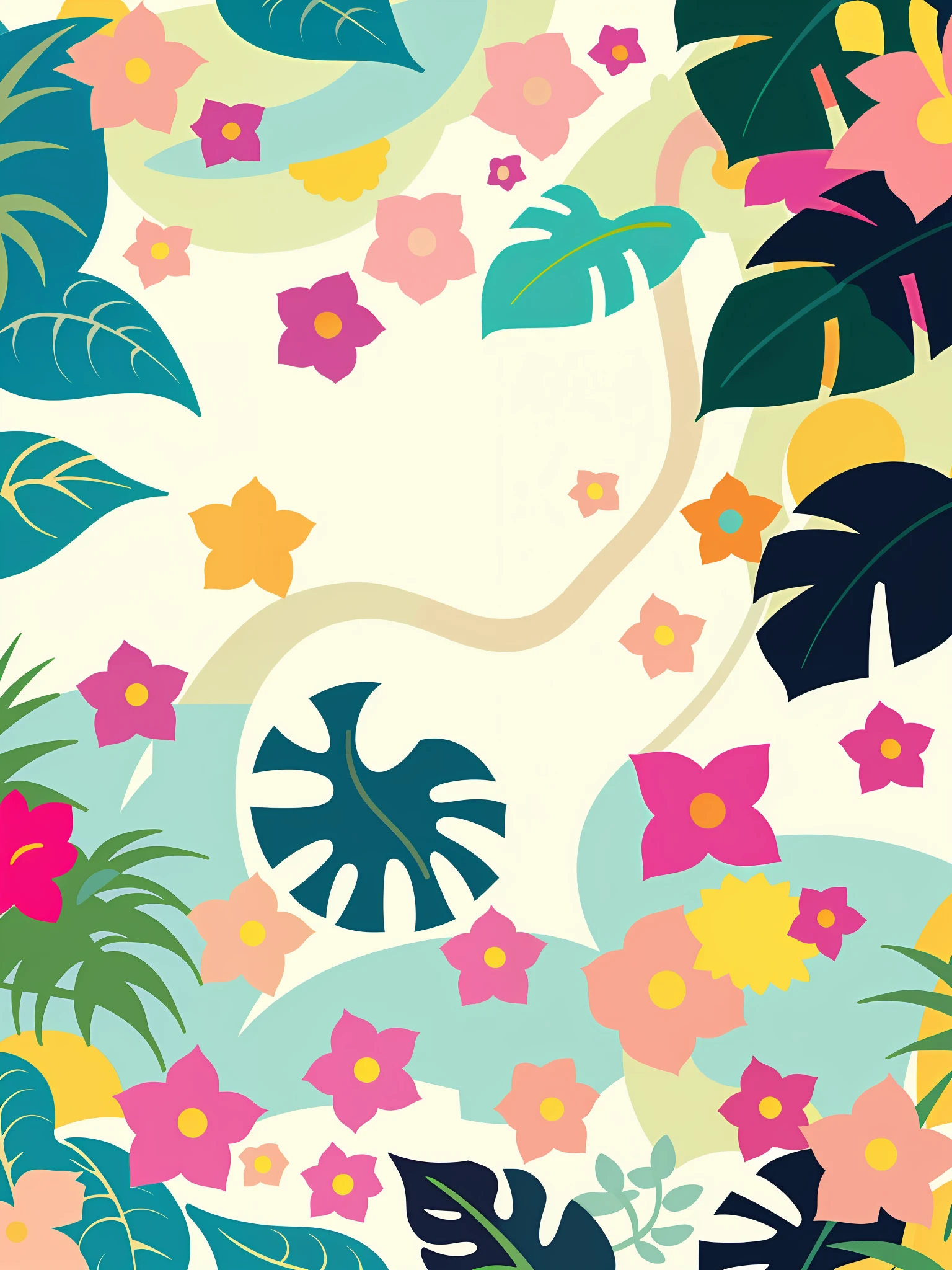 Flora Print,Soft beige,pastel pink,Tropical plants,flatillustration,GUI,Maximalism,bright color scheme