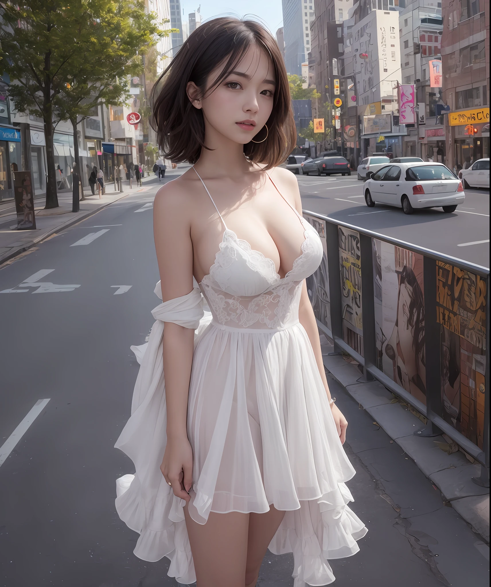 night city background, mix4, plein air, (8K, Raw photo, Best Quality, masutepiece: 1.45), Full body、(Realistic, Photorealistic: 1.37), One girl, Cute, Night, Professional Lighting, photon maping, Radio City, Physically Based Rendering, Gradient black hair, Short hair, White pedicure、Handsome Girl, See cleavage:1.5, Show me your panties:1.5、Girls want to kiss me:1.5, Very short miniskirt:1.5, sweety laughing:1.2、Angle from below:1.5、pale skin, top quality photo, hight resolution, 1080p, (Clear face), (Detailed face description), (Detailed hand description), (masutepiece), (Exquisite CG), extreme light and shadows, disheveled hair, master work, Rich details, (Fine skin features), (top quality photo), (masutepiece), (Detailed eyes), Look at me:1.5, Fine clavicle, (Large breasts:1.4),