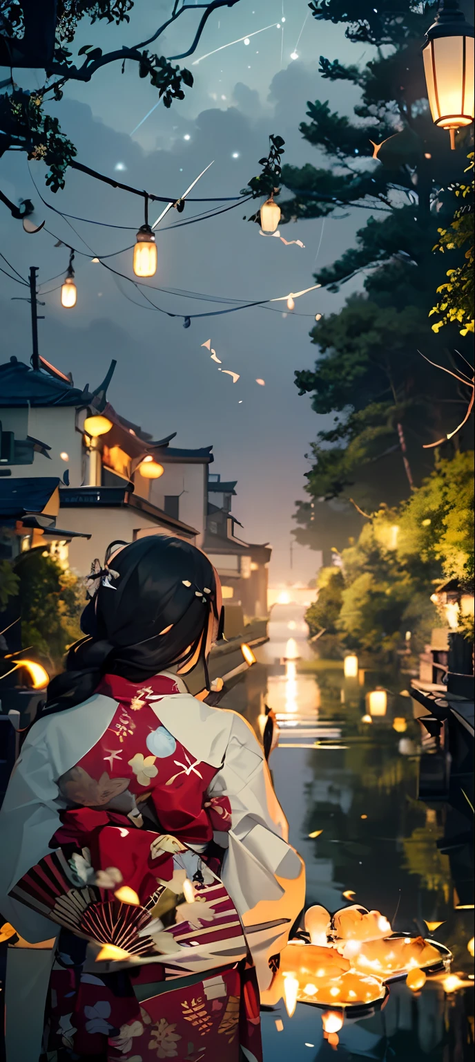 masterpiece, illusion, highest quality, night, cloudy night, oborotsuki, ((fireflies)), ((countryside)), (countryside), river surface, adult woman in yukata, thick evening fog, flowing evening fog, dry ice, thick fog, confession, regret, loneliness, long black hair, hair luster, after rain, whole body, overhead, sink lantern, sadness, separation, memories, thoughts