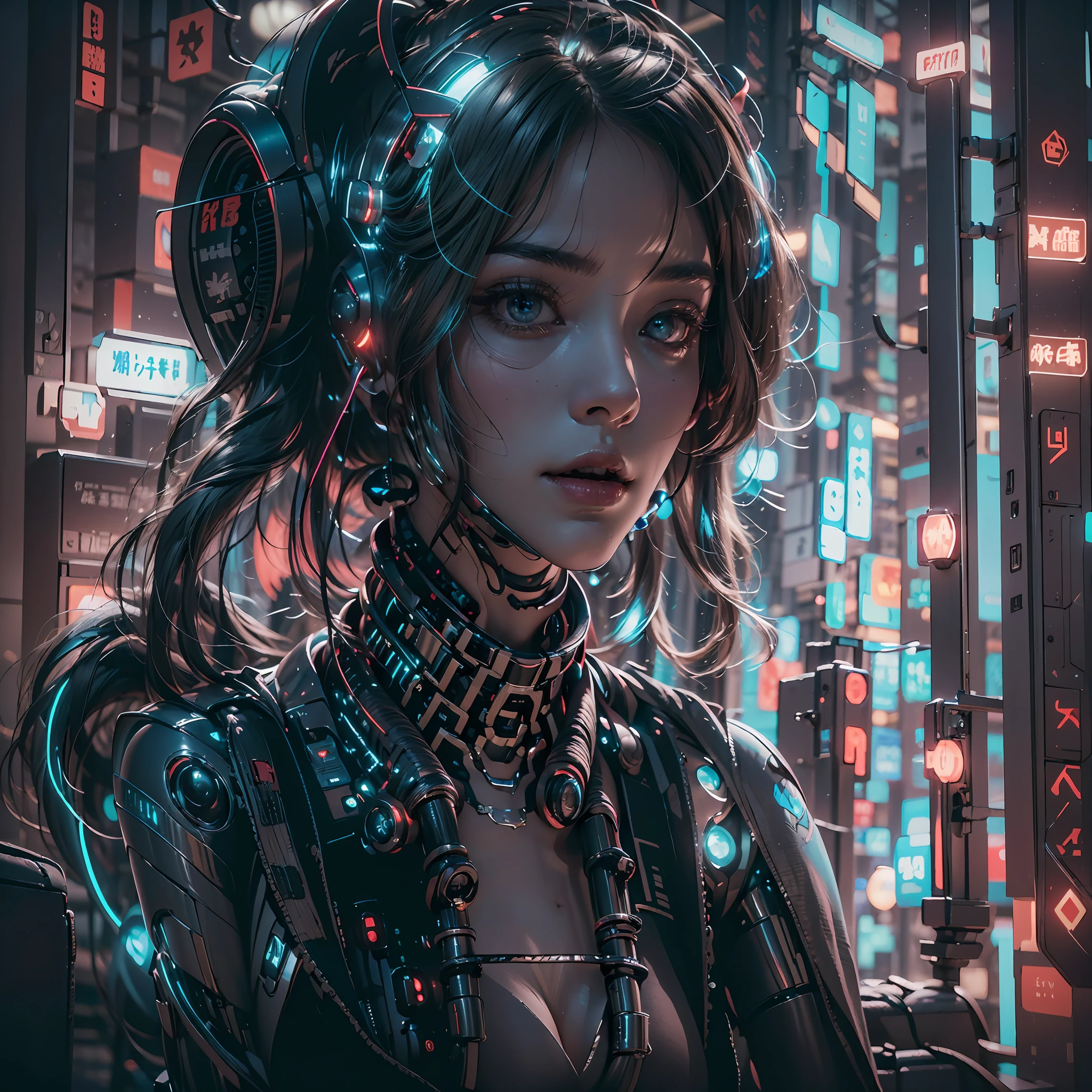 1girll，(cyber punk perssonage:1.3)，Bring headphones，Illuminated helmet and headphones，glowing jewelry，Glowing earrings，Glowing necklace，inside in room，Electronic wire background，best qualtiy，tmasterpiece，Movie filter presets，movie level lighting，c4d渲染，rendering by octane，with light glowing，(full bodyesbian:1.5)，slender leg，perfect foot，High chiaroscuro，(There is no light on the face :1.5)