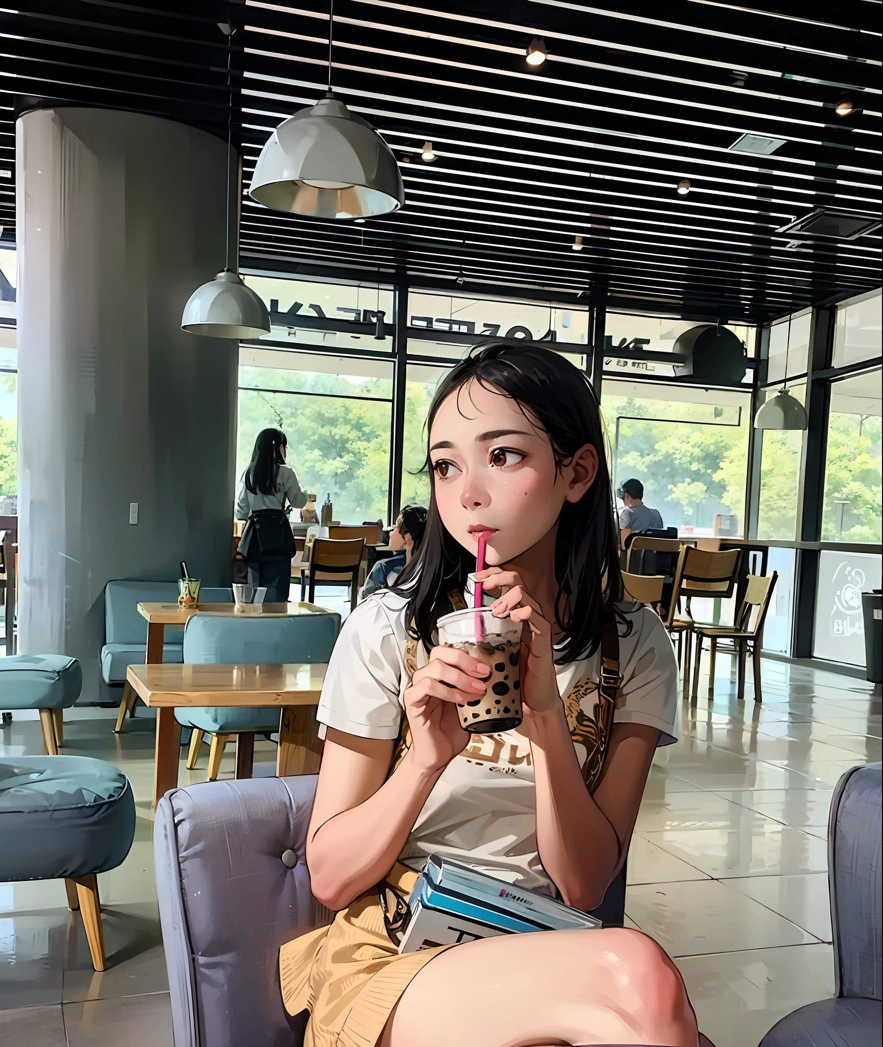 there is a woman sitting in a chair drinking a drink, sitting in a cafe, in a coffee shop, drinking a strawberry iced latte, sitting in a cafe alone, drinking boba tea, with a straw, with a drink, sitting alone in a cafe, drinking a coffee, xintong chen, in a bright cafe, holding a drink, drink, drinking coffee