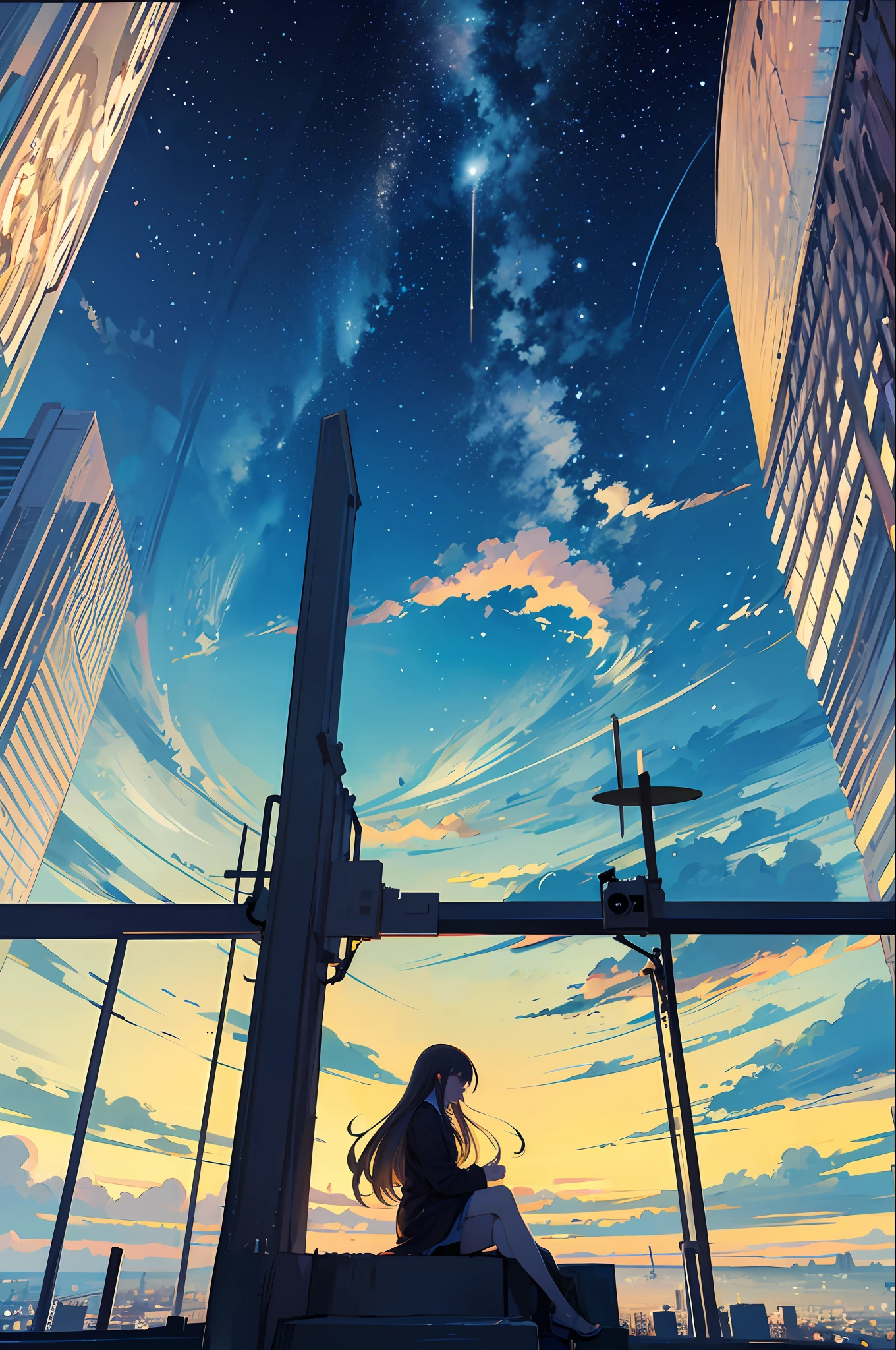 octans, sky, star (sky), scenery, starry sky, night, 1girl, night sky, solo, outdoors, building, cloud, milky way, sitting, tree, long hair, city, silhouette, cityscape