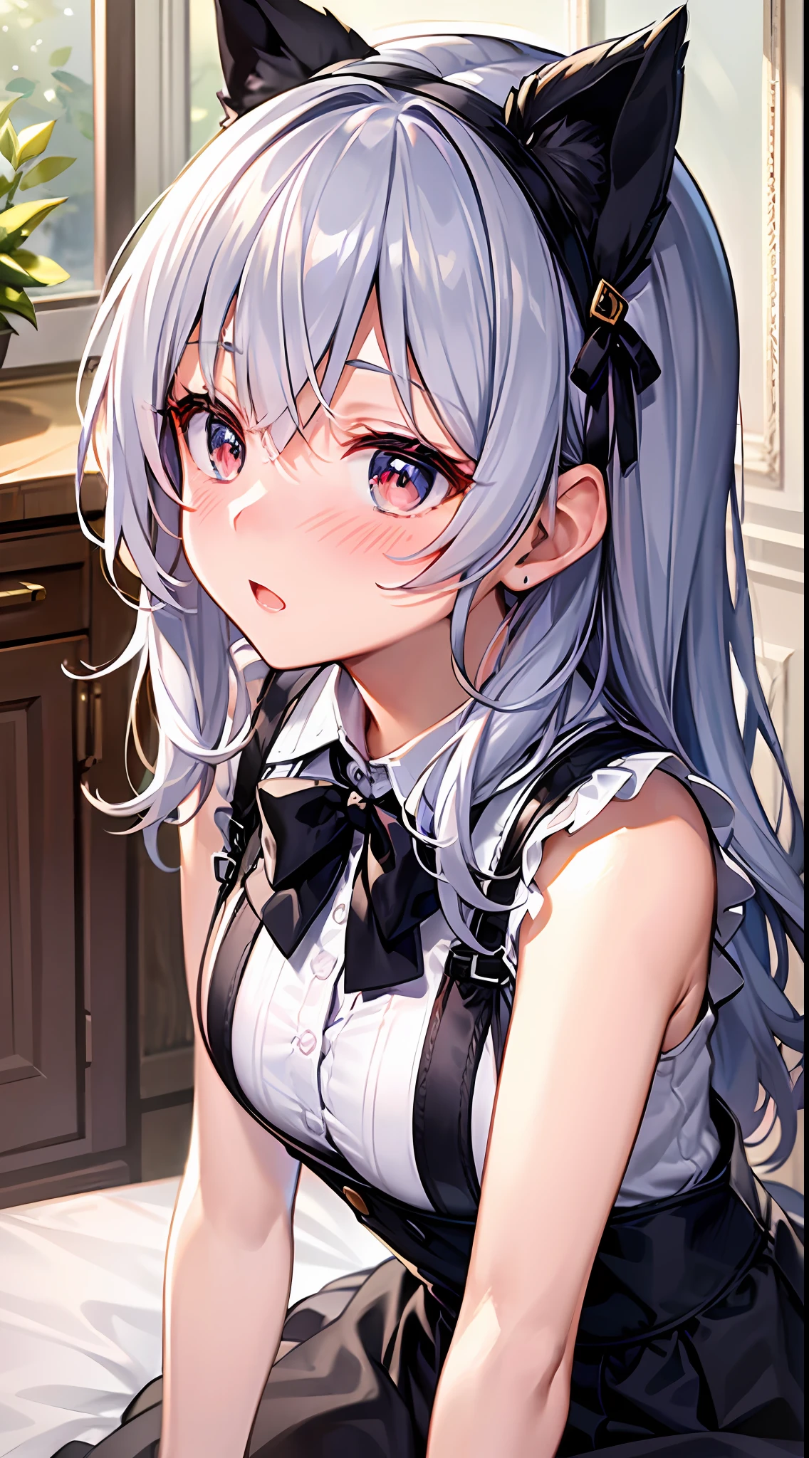 {Best Quality}, {ultra-detailliert}, {very detailed illustration}, silber hair, Aimei, embarrassed from，breastsout，red blush，Black tie，Be undress，{Suspender Skirt}，suspenders，skirt by the，Casual clothing，a bed，{all-fours}，Cool，Lateral view，bustup