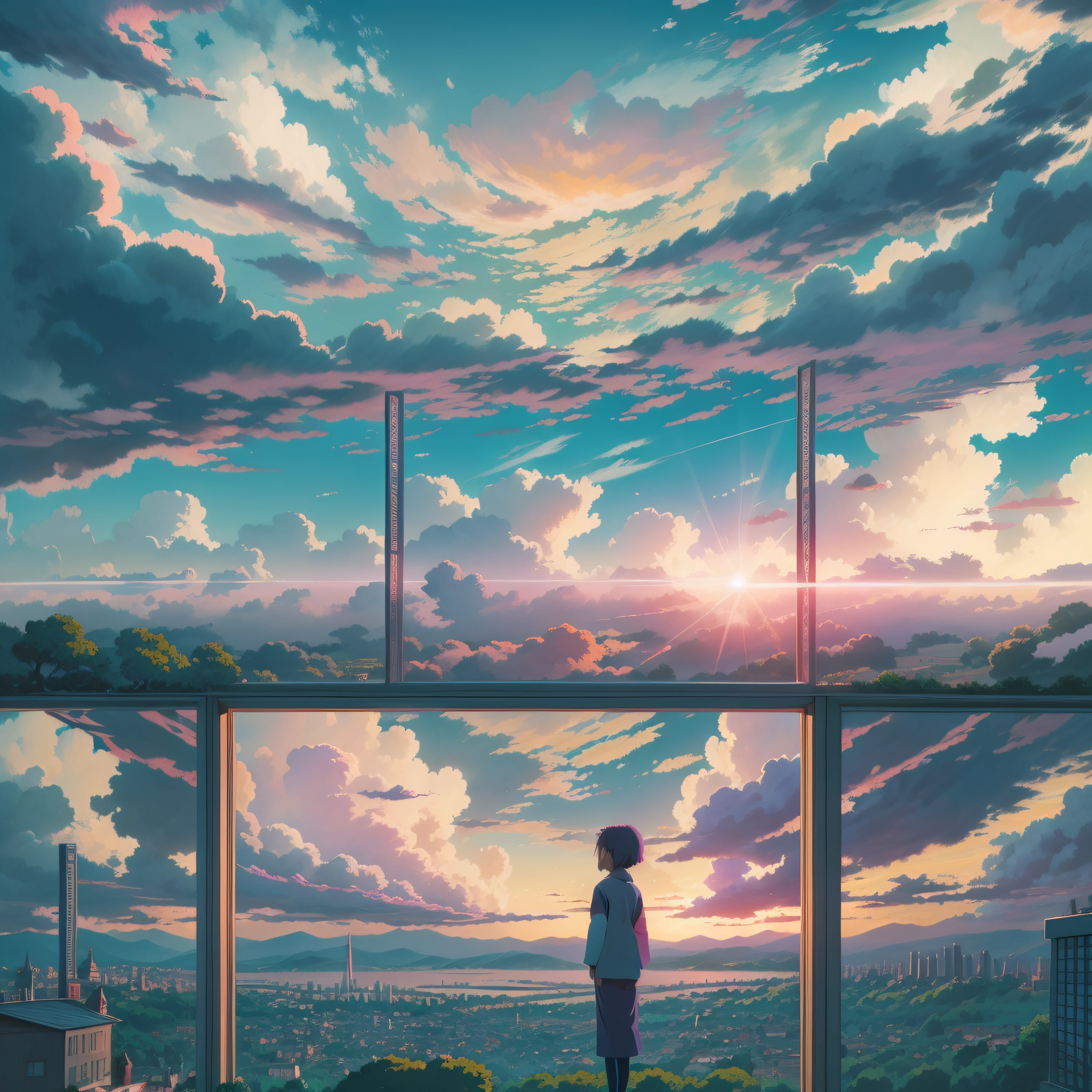 animesque、Skyscape with clouds、Purple sunset sky、Deities々Shikai、mont、You can see the touch of the brush、no human figures、Studio Ghibli、Ghibli、Scenery、Style、The light is sparkling、sky line