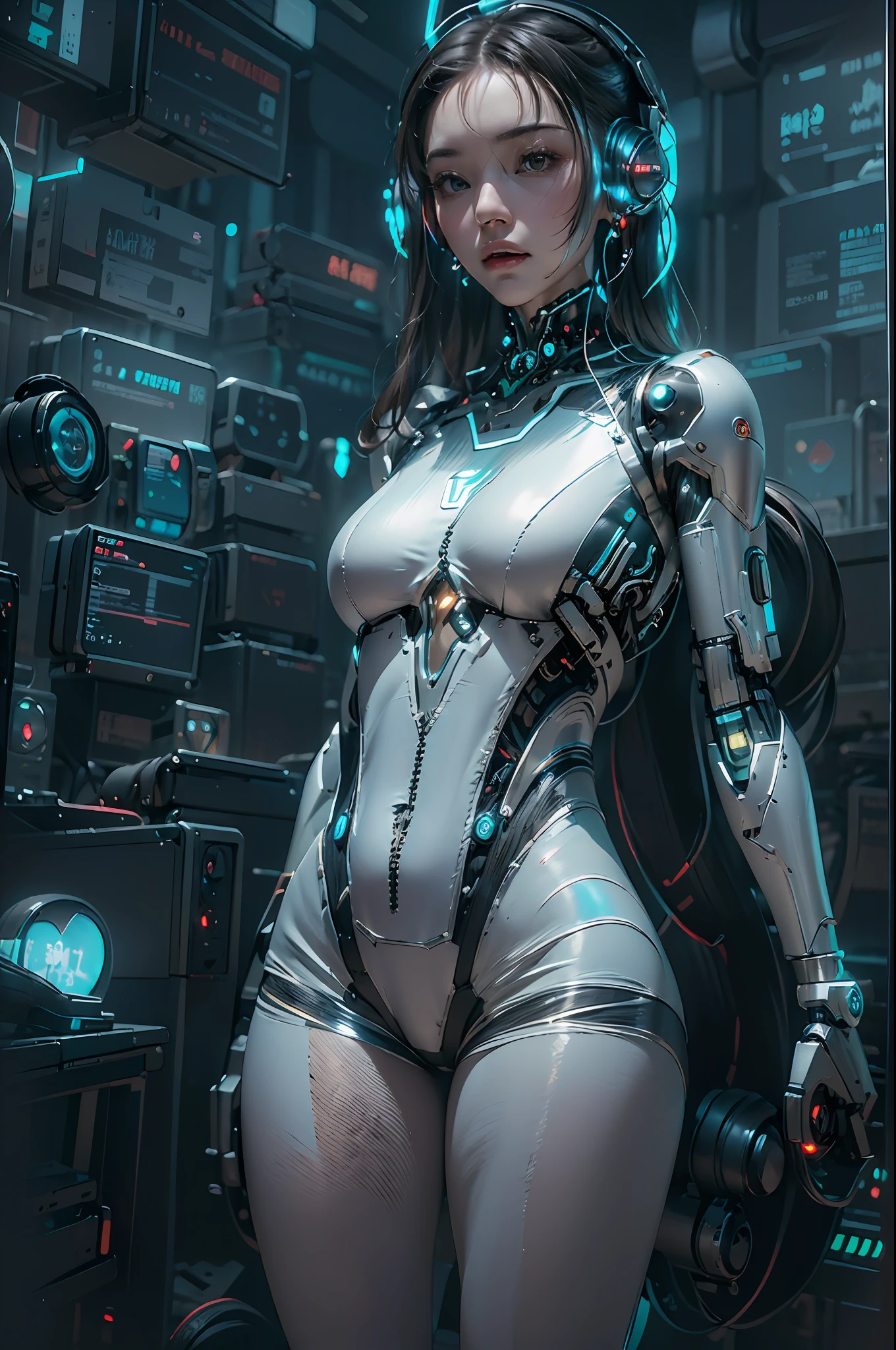 1girll，(full body:1.4),(cyber punk perssonage:1.3)，Bring headphones，Illuminated helmet and headphones，glowing jewelry，Glowing earrings，Glowing necklace，inside in room，Electronic wire background，best qualtiy，tmasterpiece，Movie filter presets，movie level lighting，c4d渲染，rendering by octane，with light glowing，(full bodyesbian:1.5)，slender leg，perfect foot，High chiaroscuro，(There is no light on the face :1.5),full body