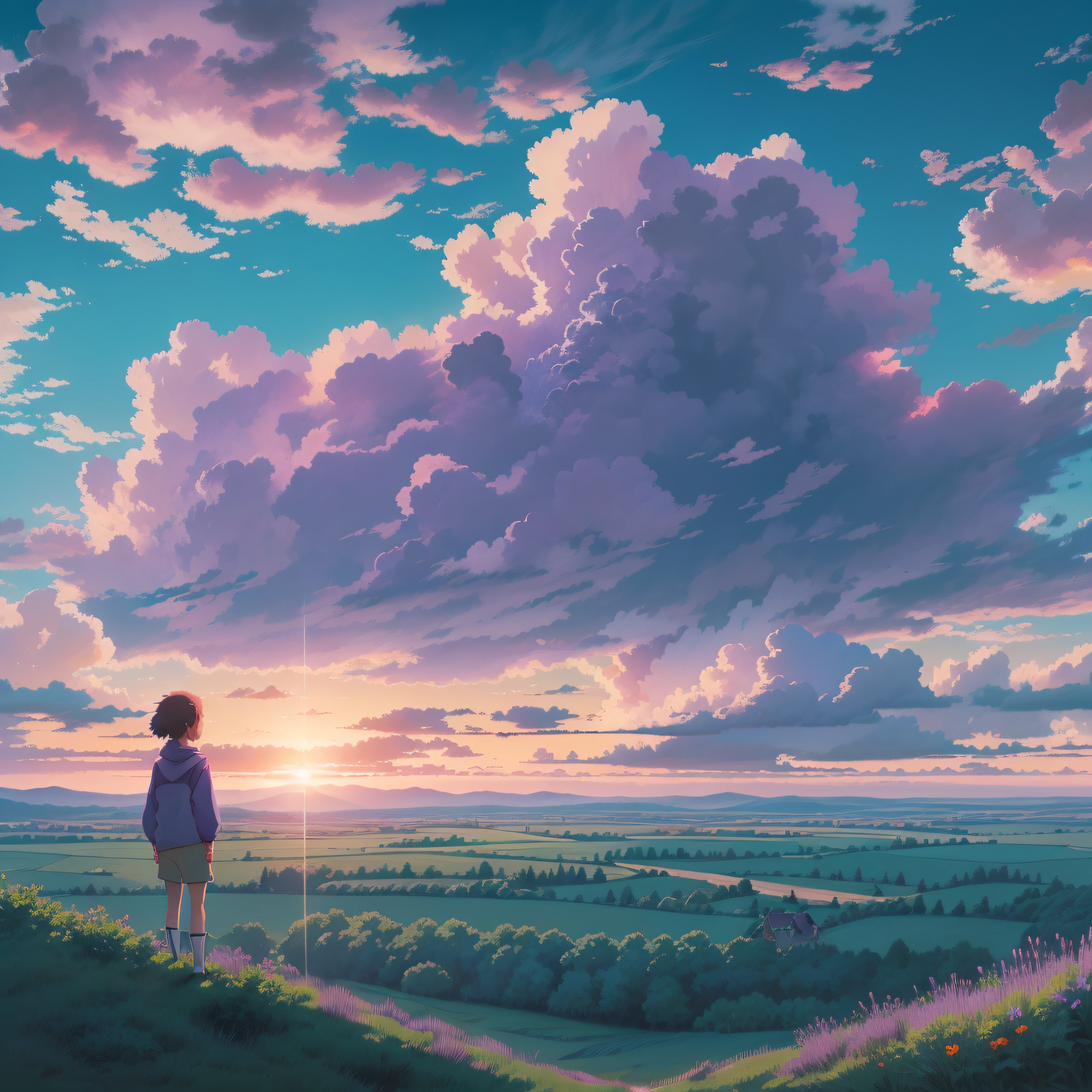 animesque、Skyscape with clouds、Purple sunset sky、Deities々Shikai、mont、You can see the touch of the brush、no human figures、Studio Ghibli、Ghibli、Scenery、Style、The light is sparkling、sky line